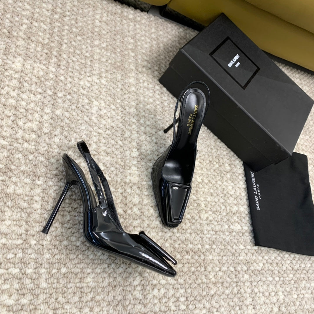SL TRIANGLE HEELED SLINGBACKS BLACK CALFSKIN