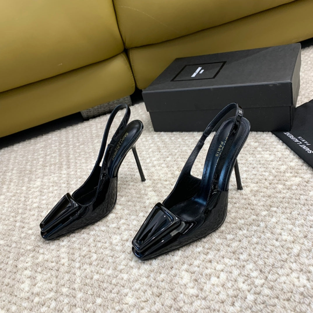 SL TRIANGLE HEELED SLINGBACKS BLACK CALFSKIN