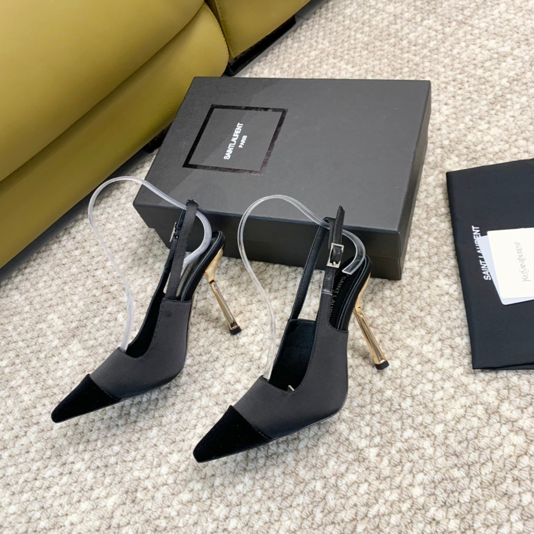 SL CAP-TOE SLINGBACKS BLACK SATIN AND VELVET