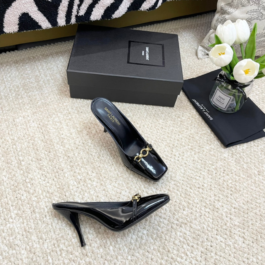 SL SQUARE TOE MULES BLACK CALFSKIN