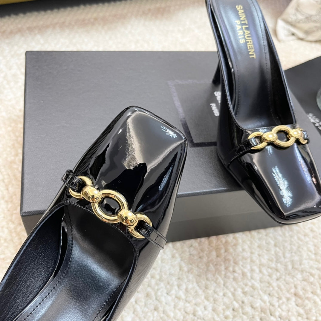 SL SQUARE TOE MULES BLACK CALFSKIN