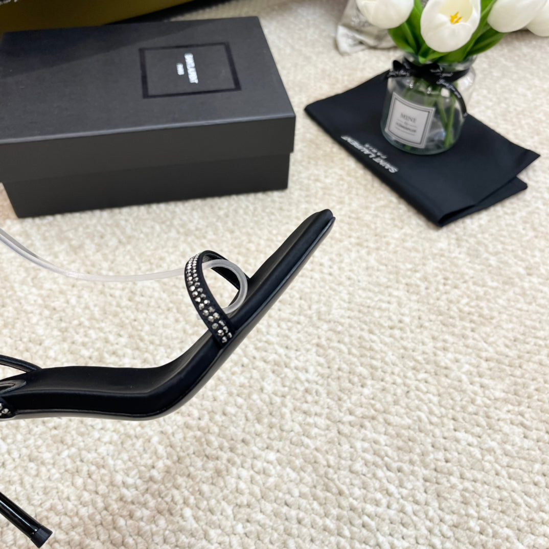 SL GEORGIA WHITE CRYSTAL SANDALS PUMP BLACK SATIN