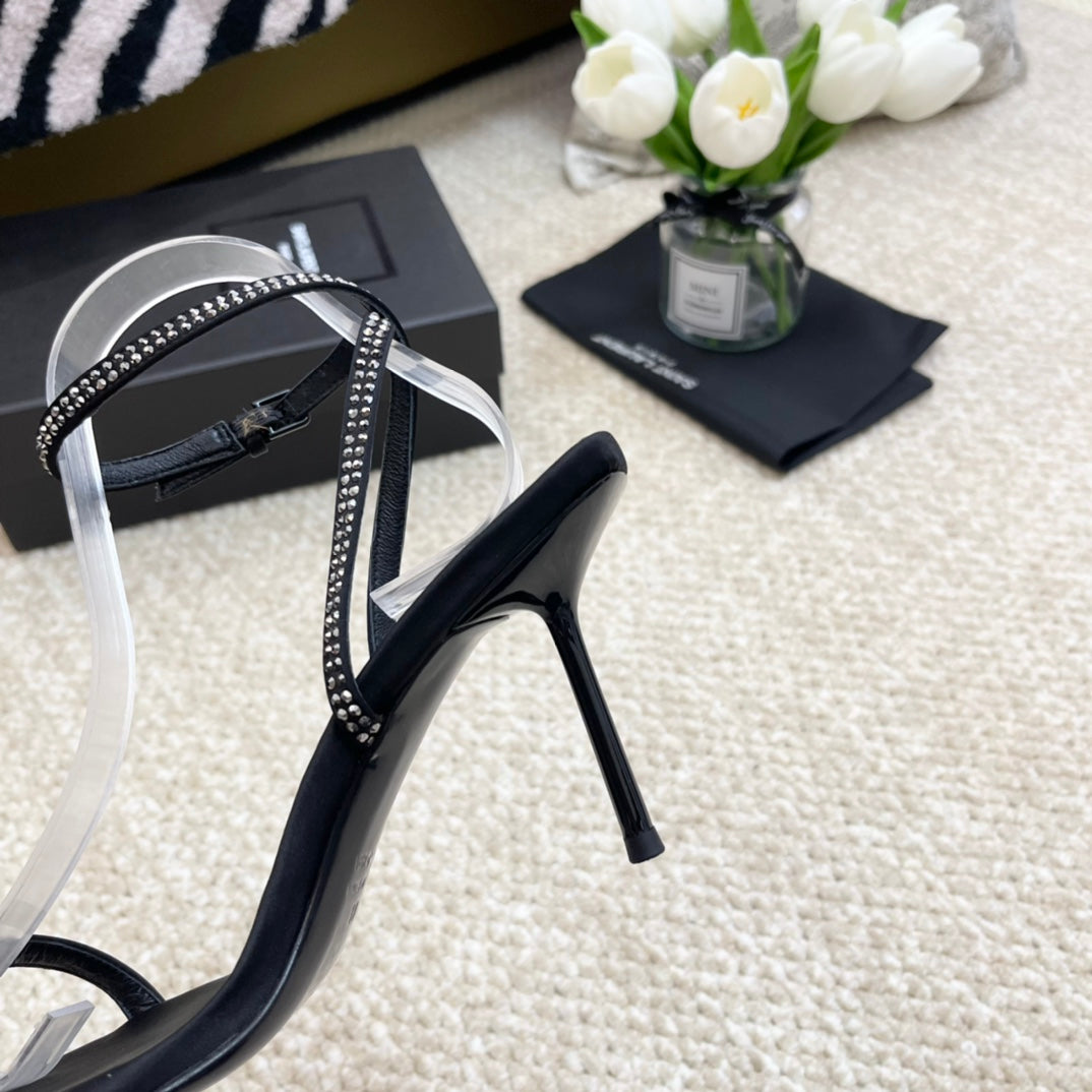 SL GEORGIA WHITE CRYSTAL SANDALS PUMP BLACK SATIN