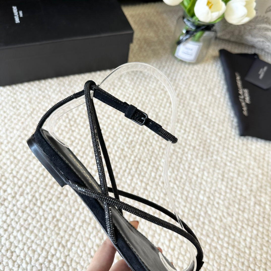 SL CRYSTAL FLAT SANDALS BLACK SUEDE