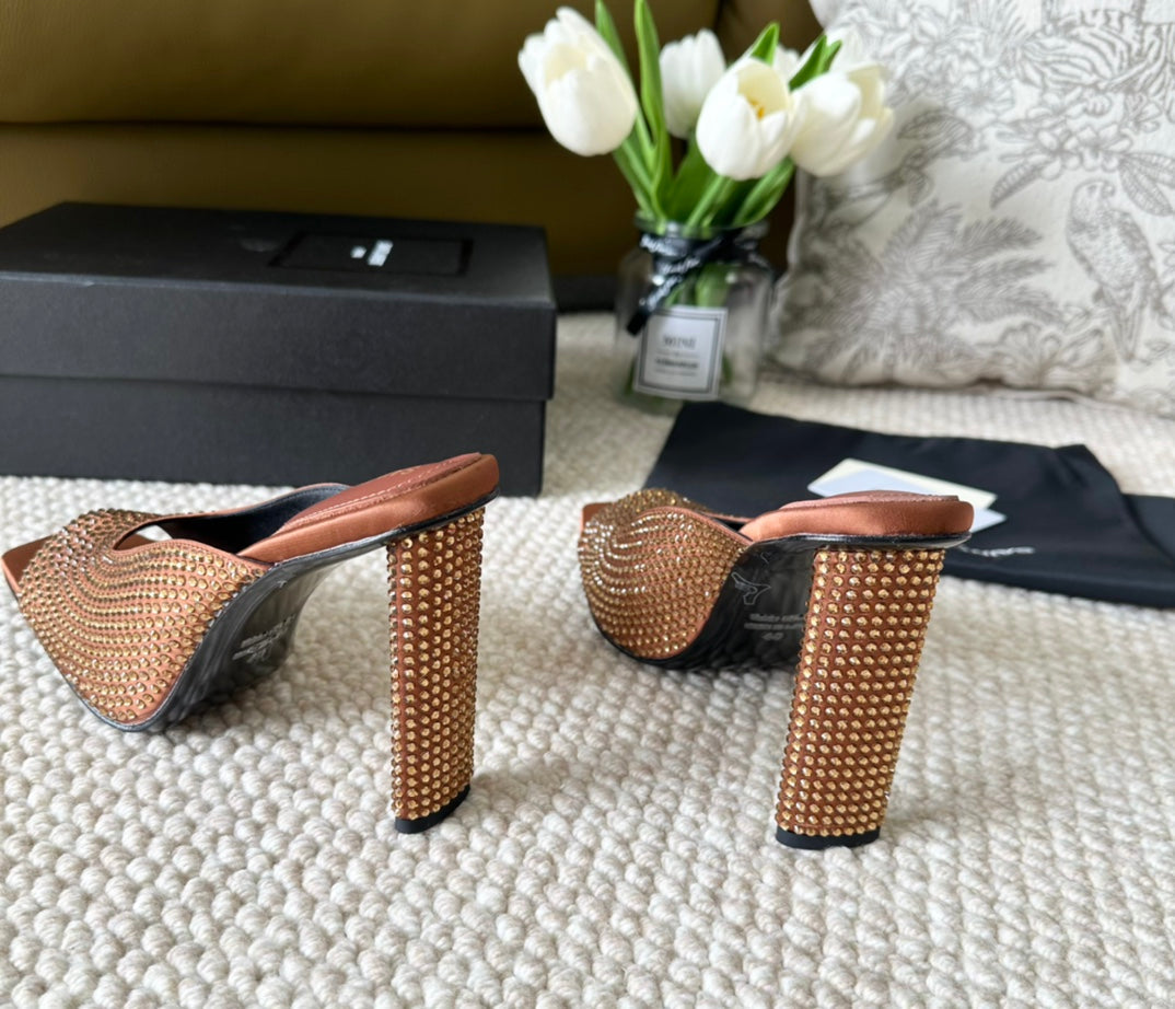 SL SEPT MULES SIENNA SATIN AND RHINESTONES