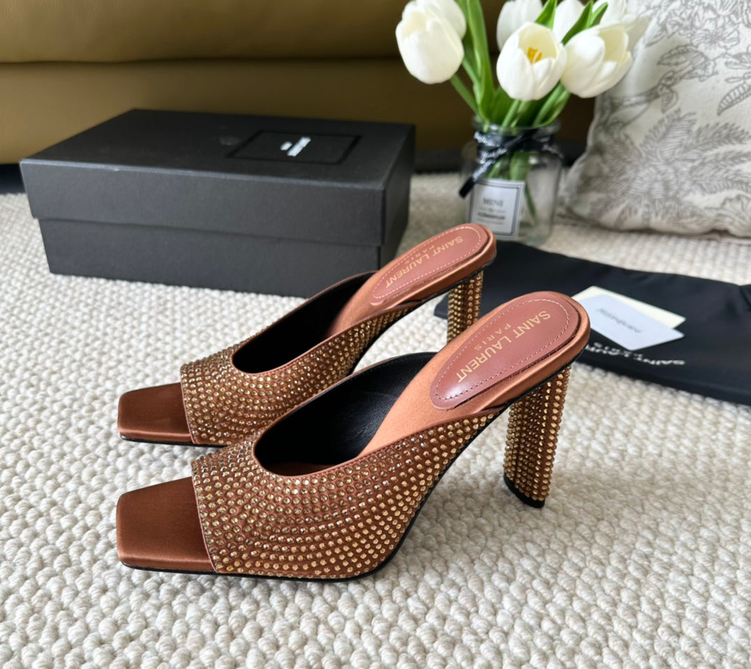 SL SEPT MULES SIENNA SATIN AND RHINESTONES