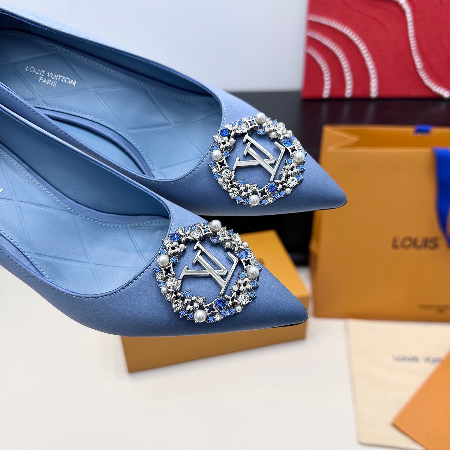 LV 26s  Pointed-Toe High Heels 75 Light Blue Premium Satin 622433