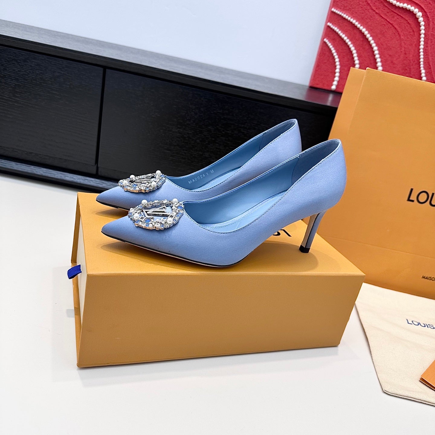LV 26s  Pointed-Toe High Heels 75 Light Blue Premium Satin 622433