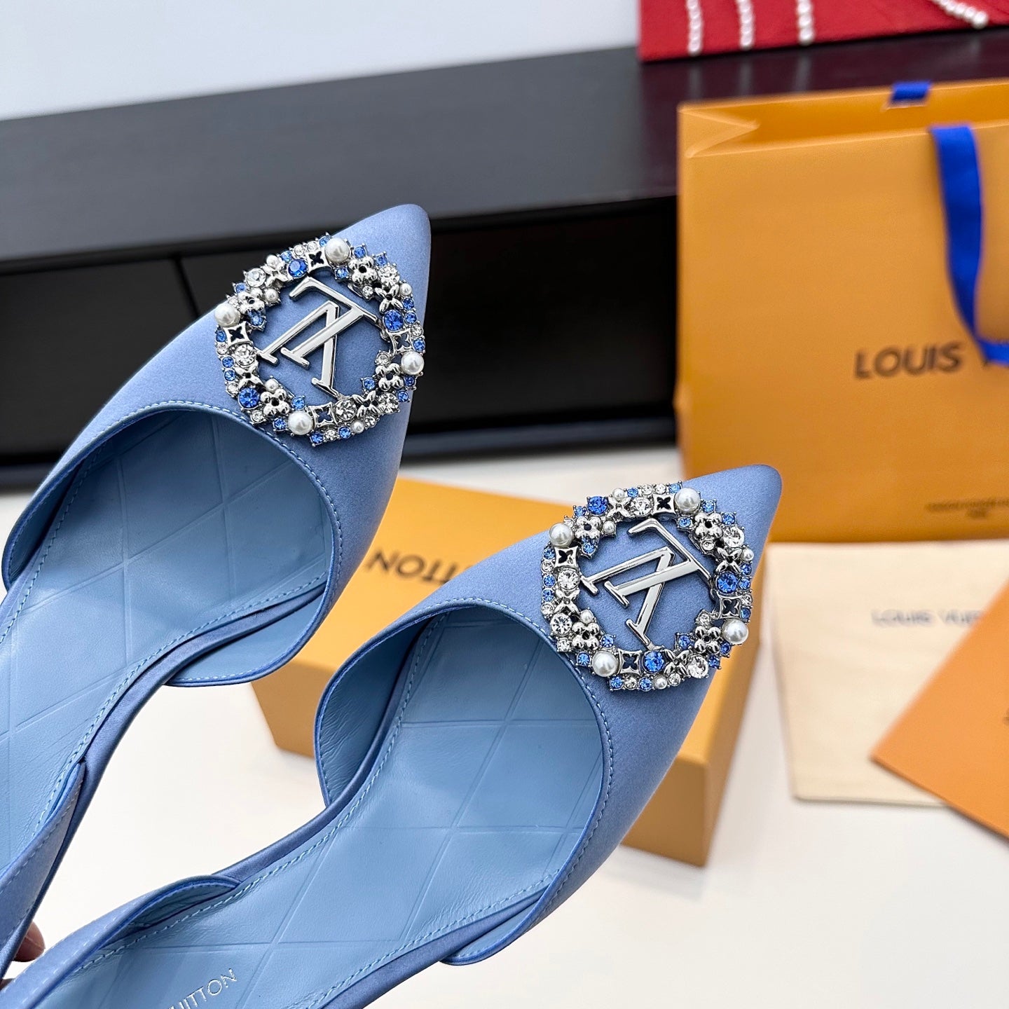 LV 26s  Slingback 95 Light Blue Premium Satin 622436