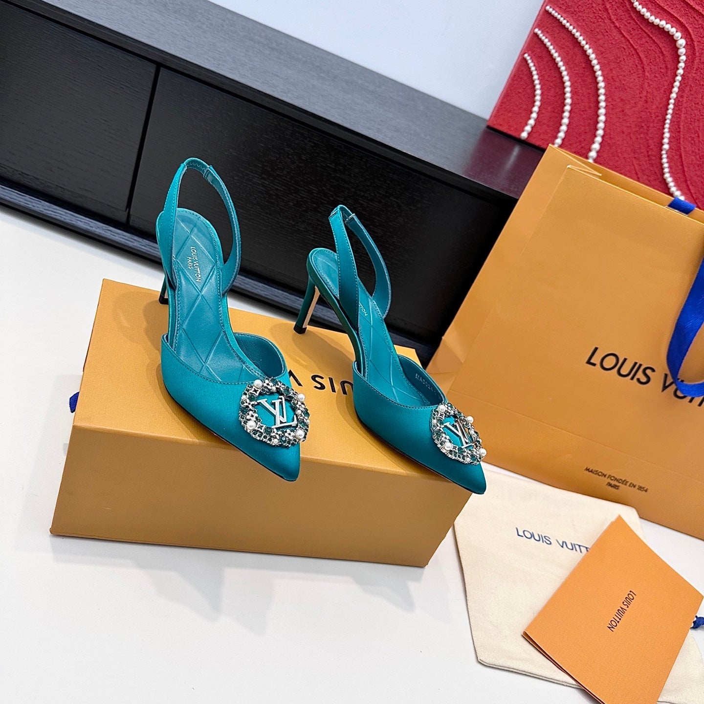 LV 26s  Slingback 75 Teal Blue Premium Satin 622440