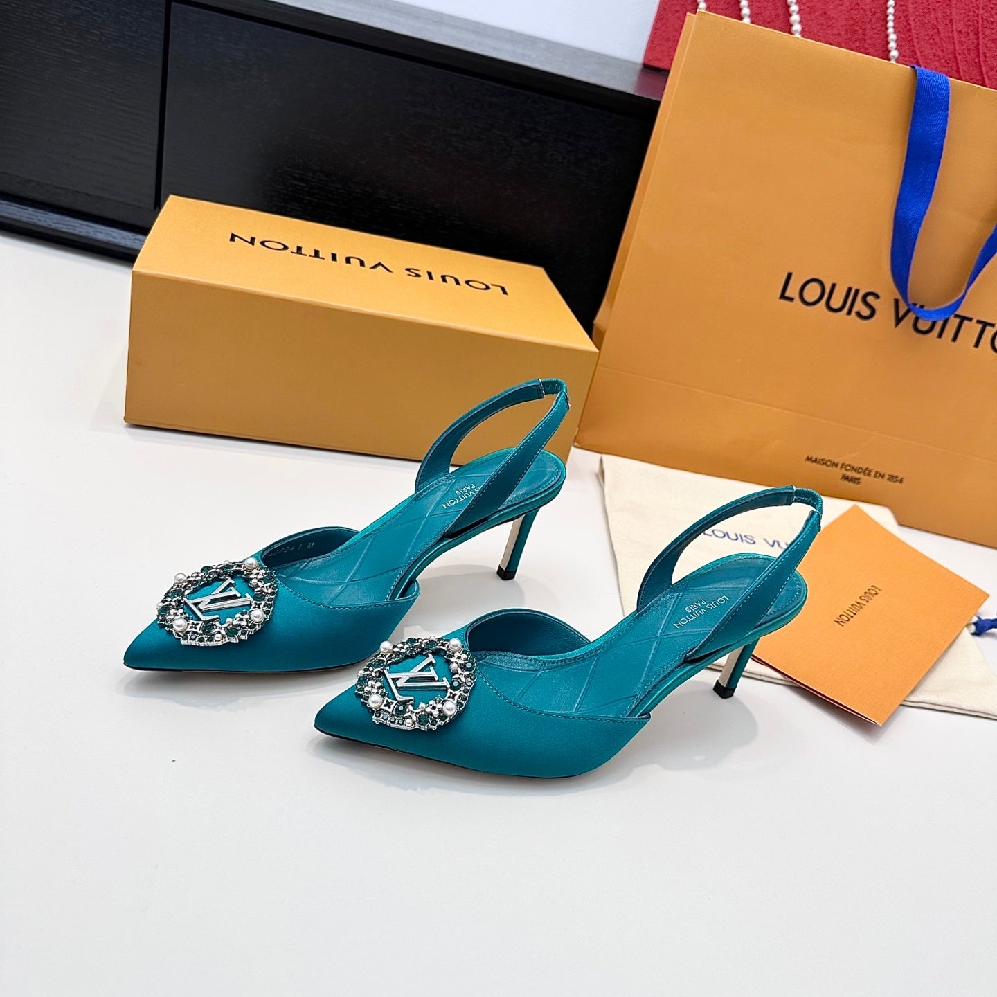 LV 26s  Slingback 75 Teal Blue Premium Satin 622440