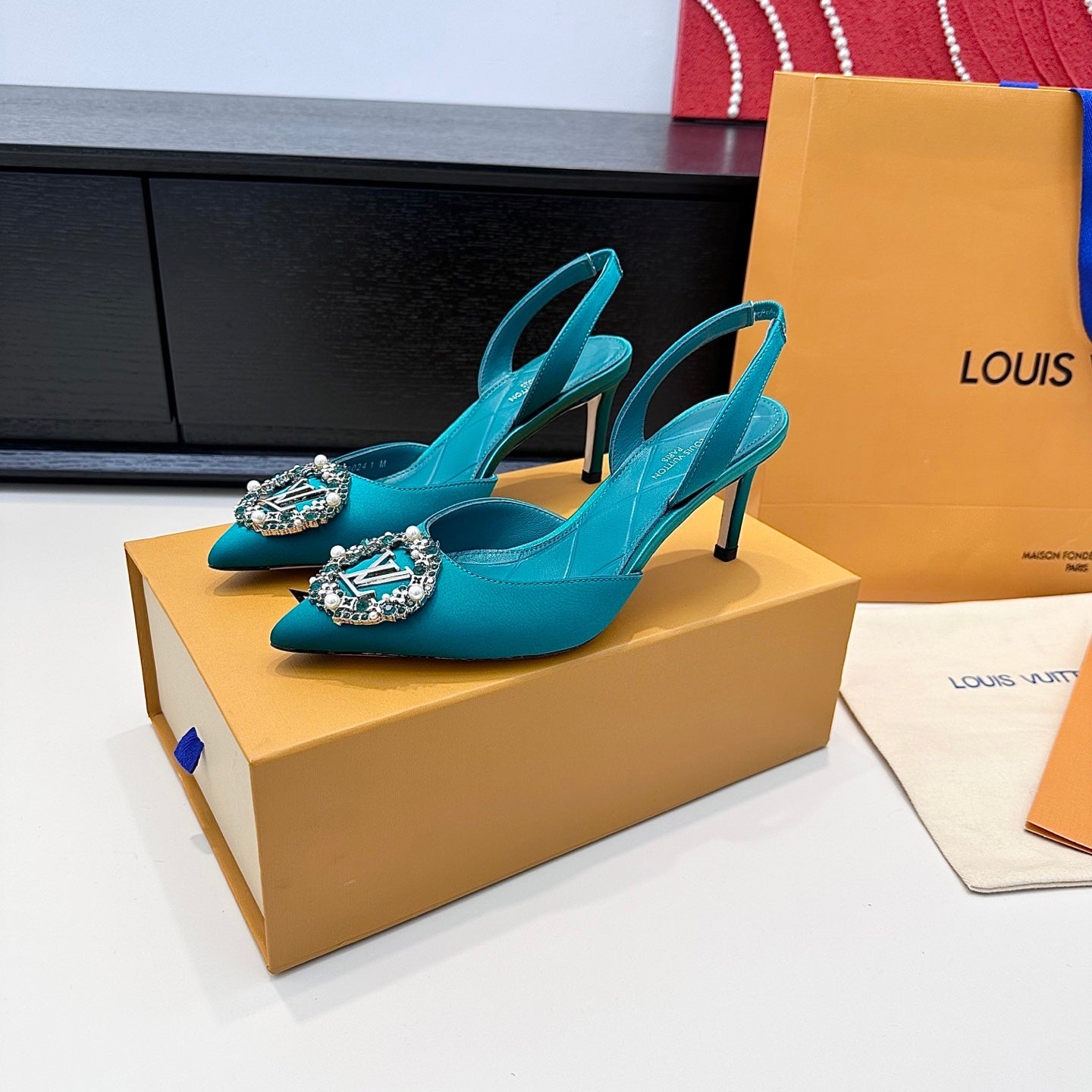 LV 26s  Slingback 75 Teal Blue Premium Satin 622440