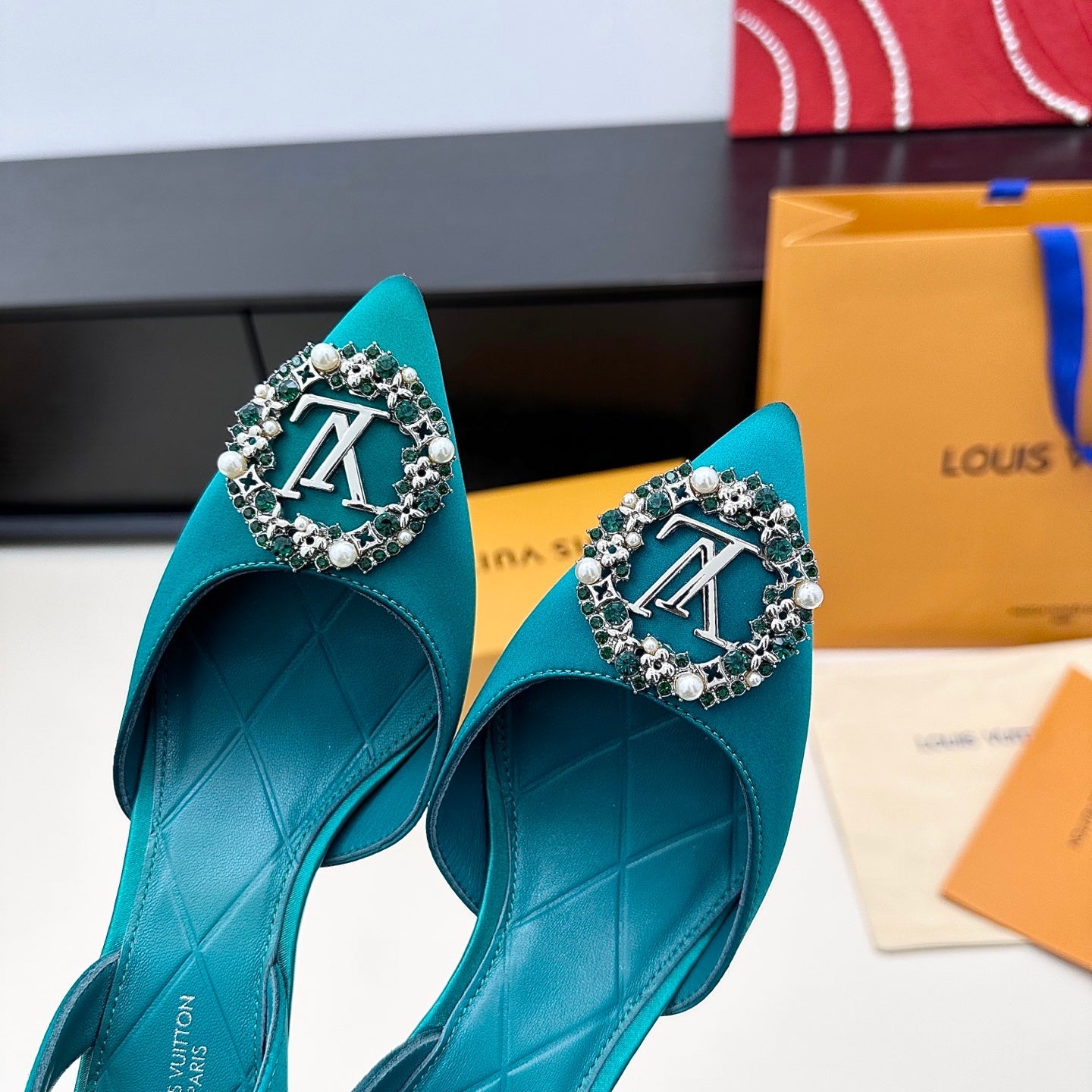 LV 26s  Slingback 75 Teal Blue Premium Satin 622440
