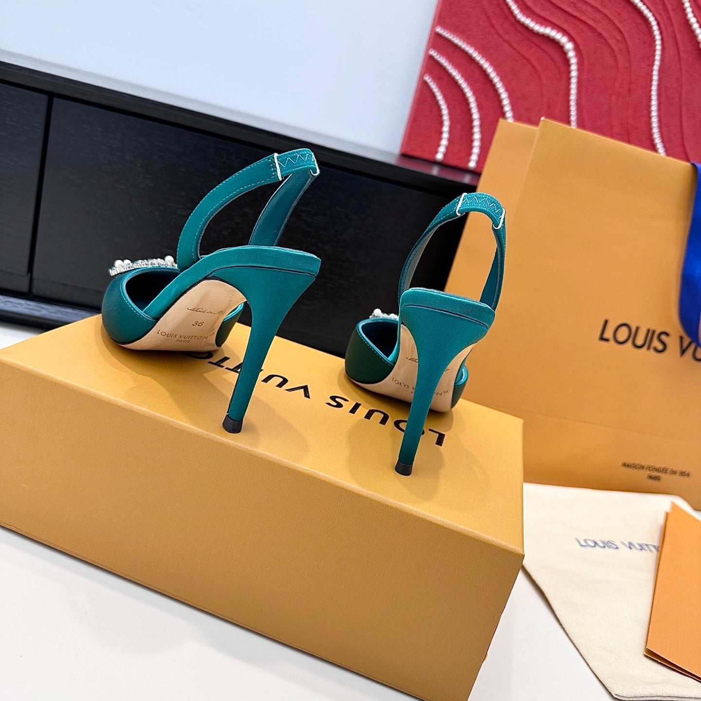 LV 26s  Slingback 95 Teal Blue Premium Satin 622441