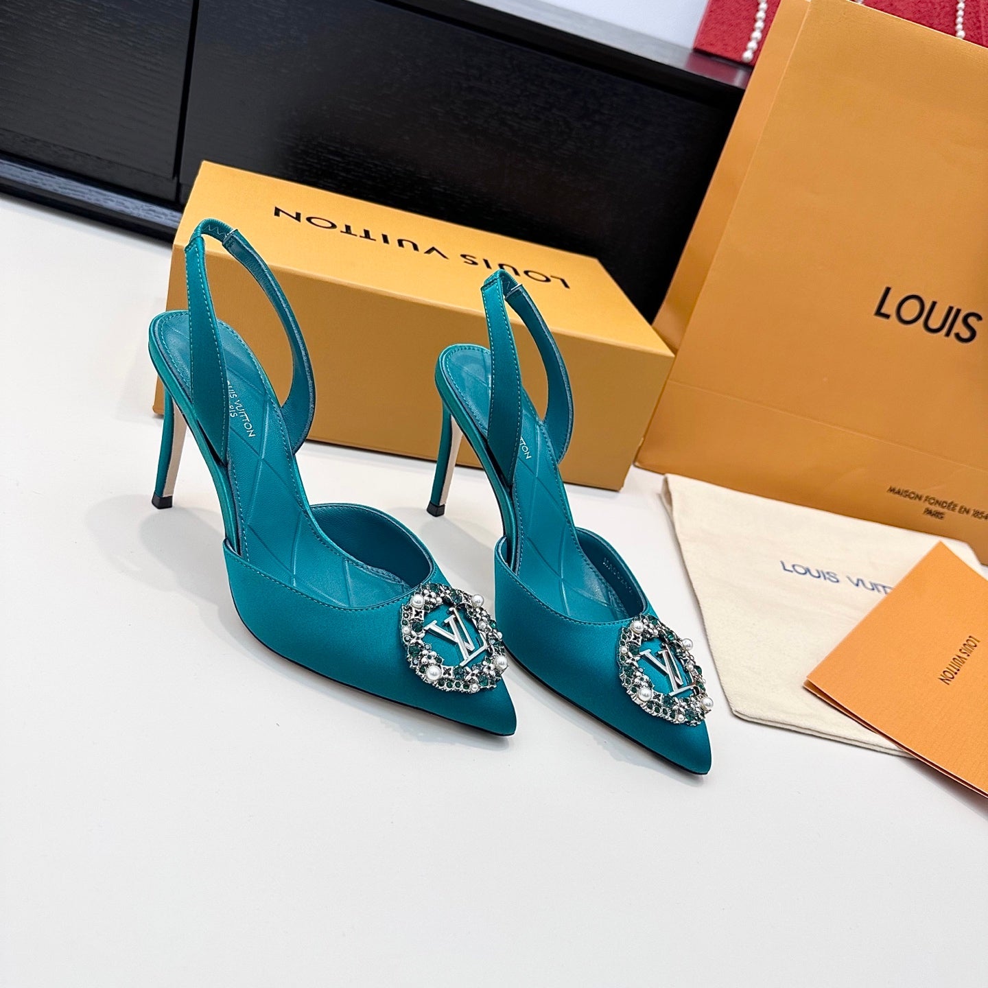 LV 26s  Slingback 95 Teal Blue Premium Satin 622441