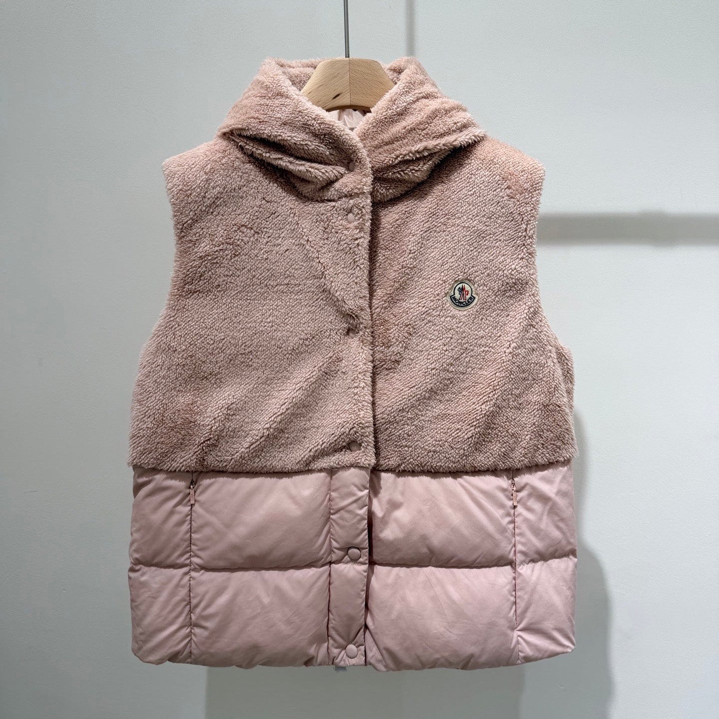 MC 2025 Furry Vest Pink And Cream Lambskin Down