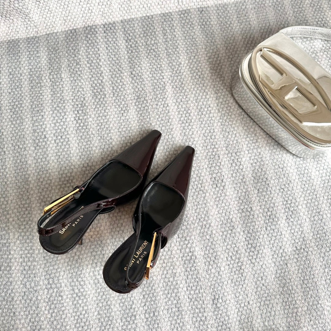 LEE SLINGBACK PUMPS 105 IN MAROON PATENT LEATHER GOLD HEEL