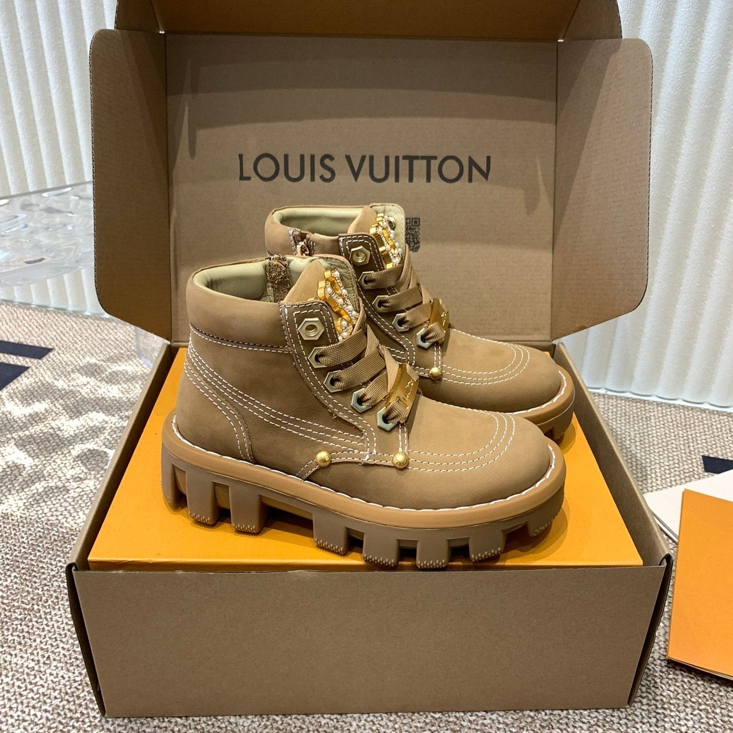 LV Checker Ankle Boots Beige Nubuck Calfskin