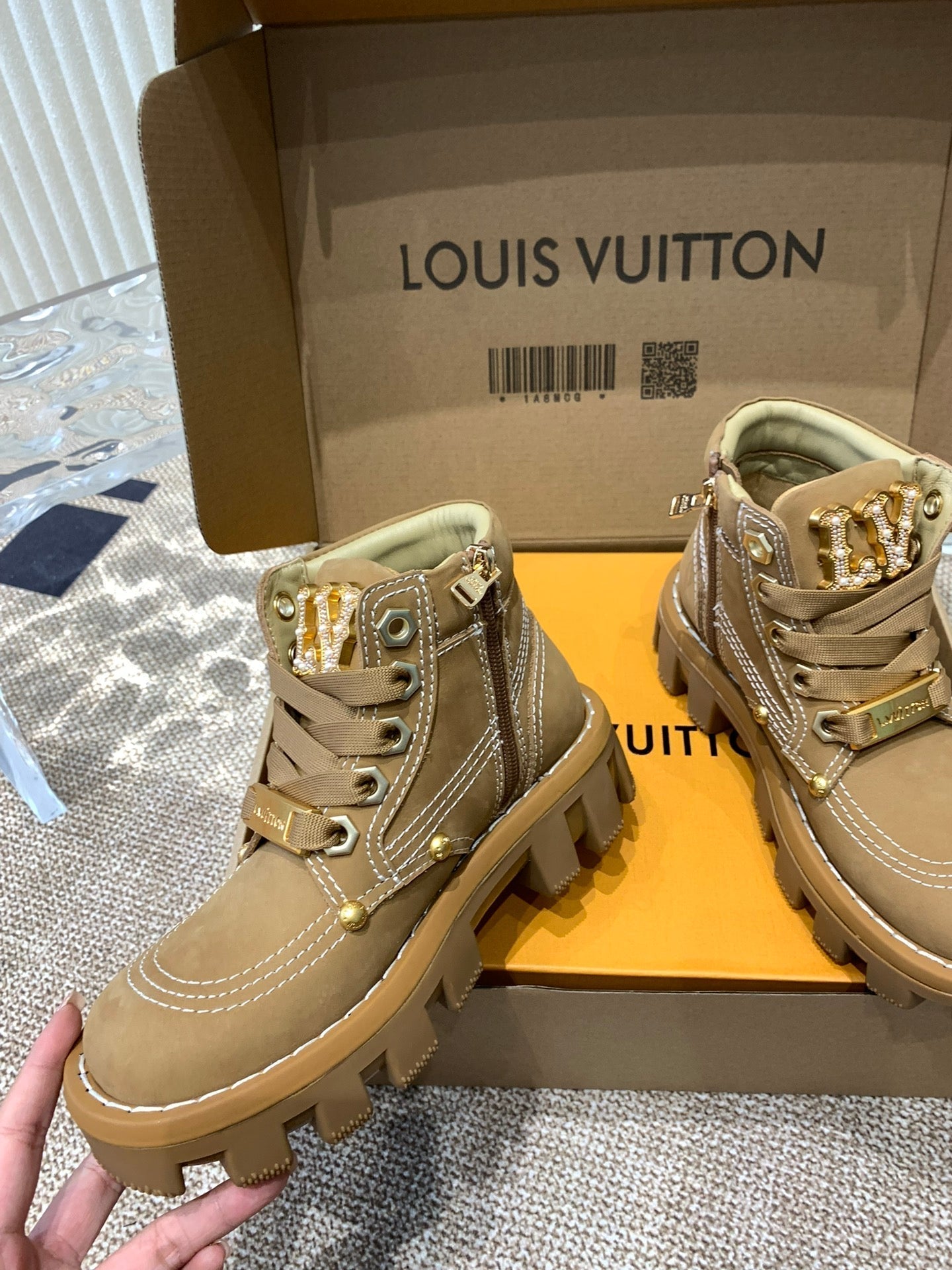 LV Checker Ankle Boots Beige Nubuck Calfskin