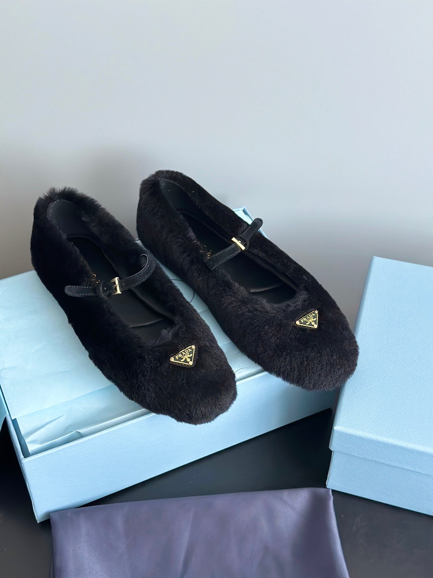 Prada 25s Mary Jane Ballet Flats Black Wool 538454