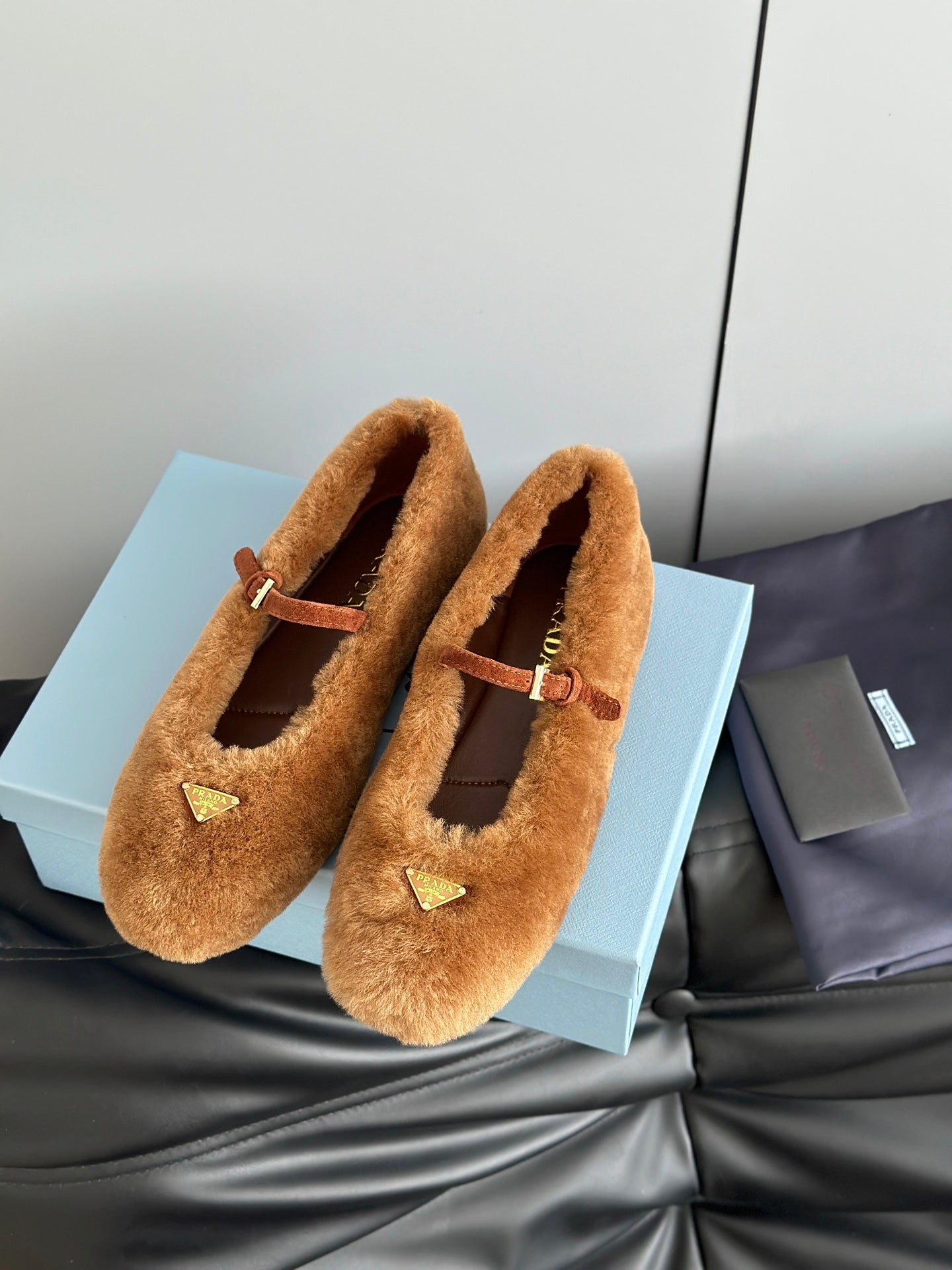 Prada 25s Mary Jane Ballet Flats Caramel Brown Wool 538455