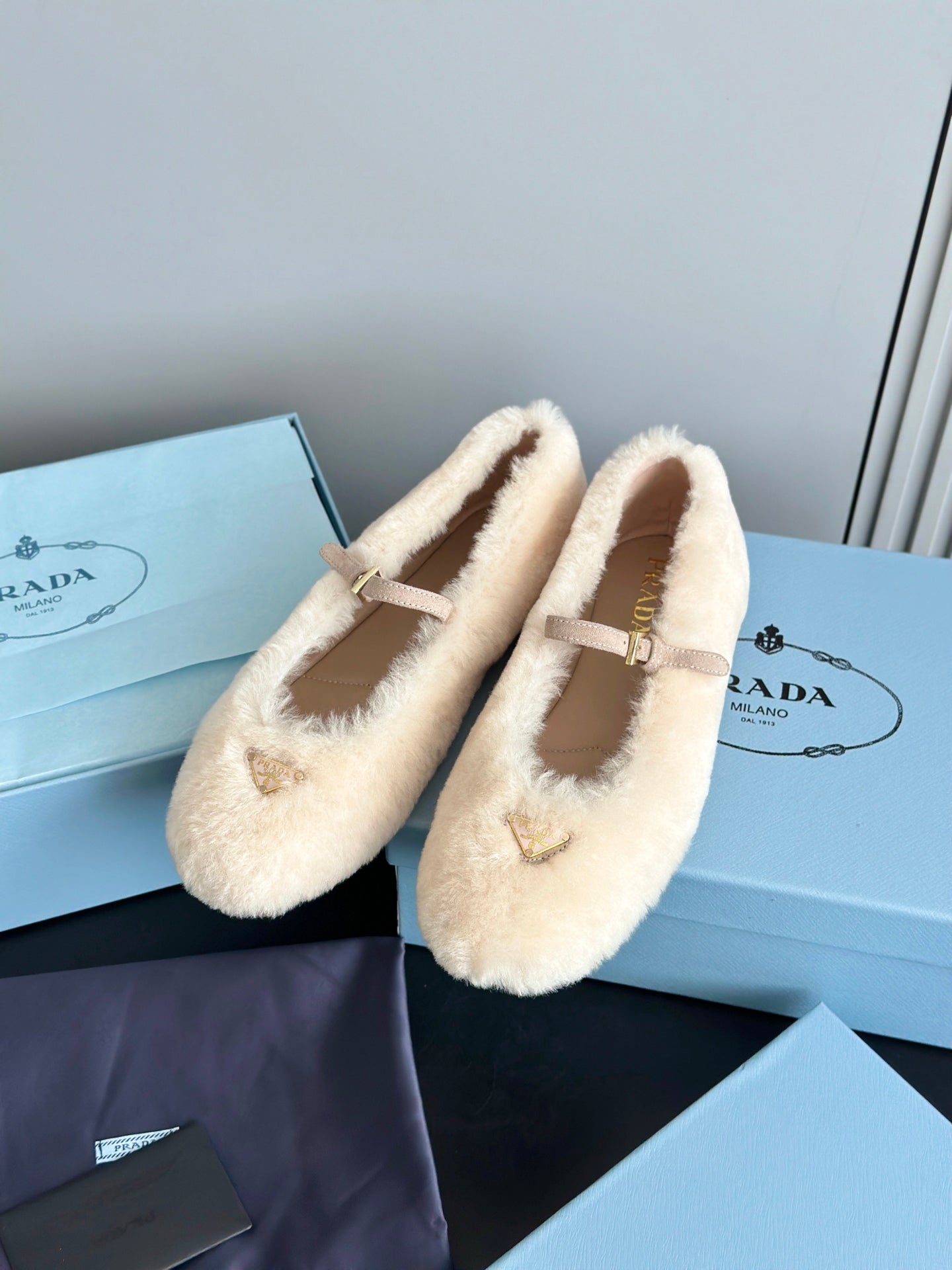 Prada 25s Mary Jane Ballet Flats White Wool 538456