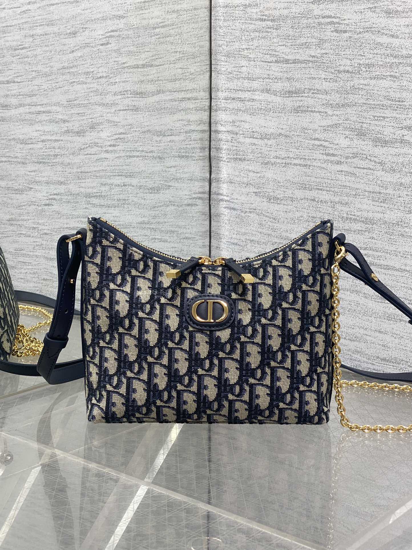 Dior 2025 Bag 19cm Navy Blue mix Beige Oblique Fabric mix Leather 272830