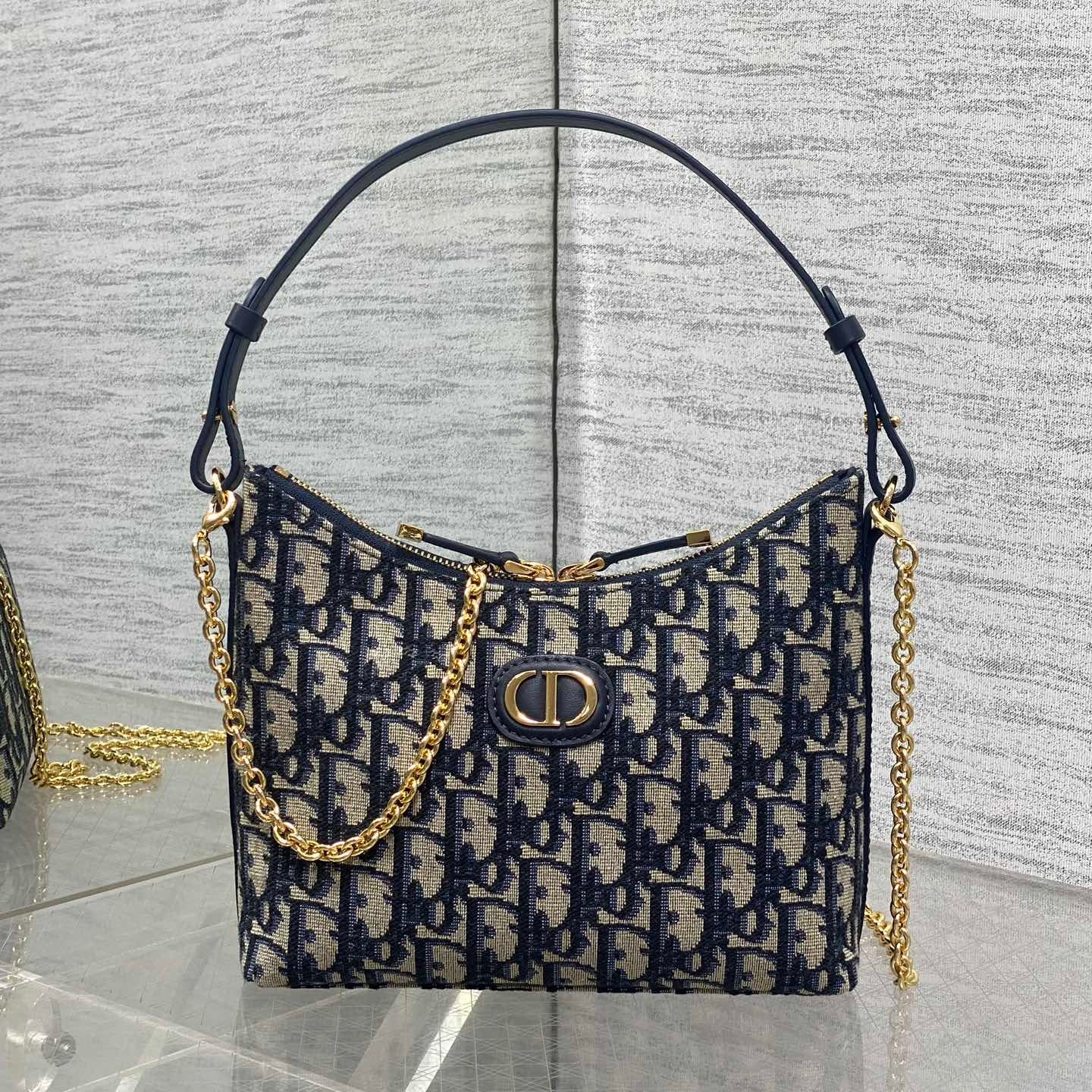 Dior 2025 Bag 19cm Navy Blue mix Beige Oblique Fabric mix Leather 272830