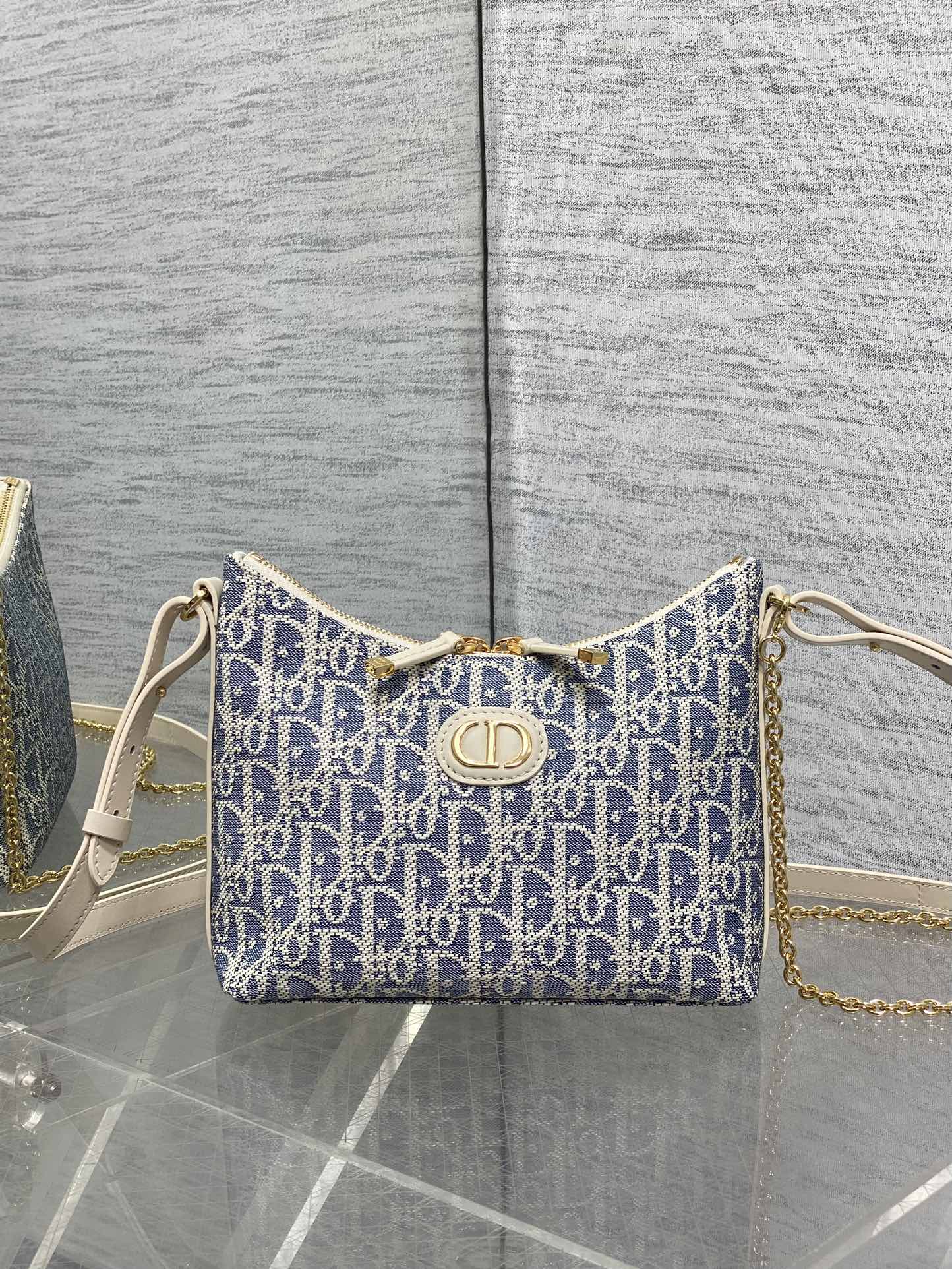 Dior 2025 Bag 19cm Blue mix White Oblique Fabric mix Leather 272832