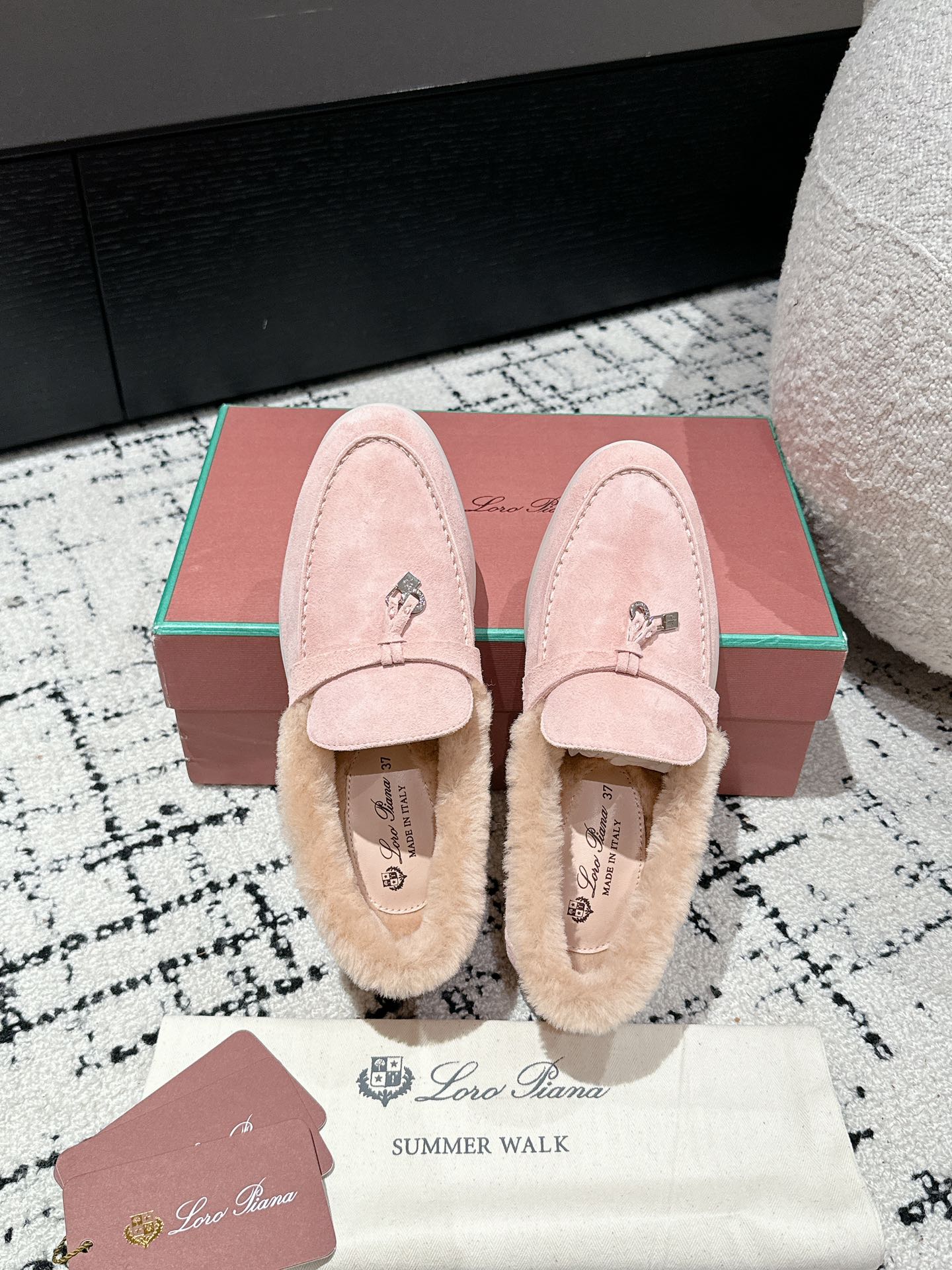 LP Summer Charms Walk Loafers In Light Pink Mix Beige Suede With Rabbit Fur Lining 985642