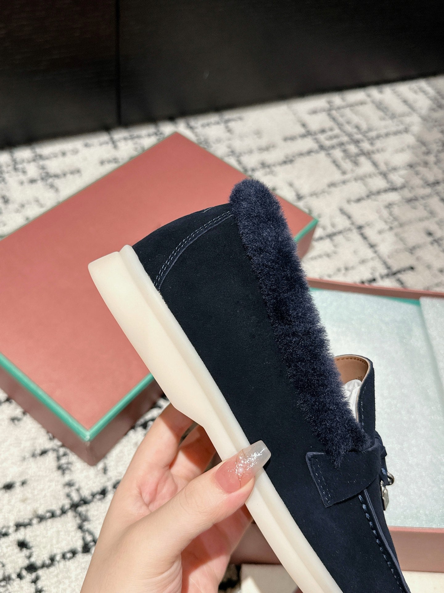 LP Summer Charms Walk Loafers In Deep Blue Suede With Rabbit Fur Lining 985643