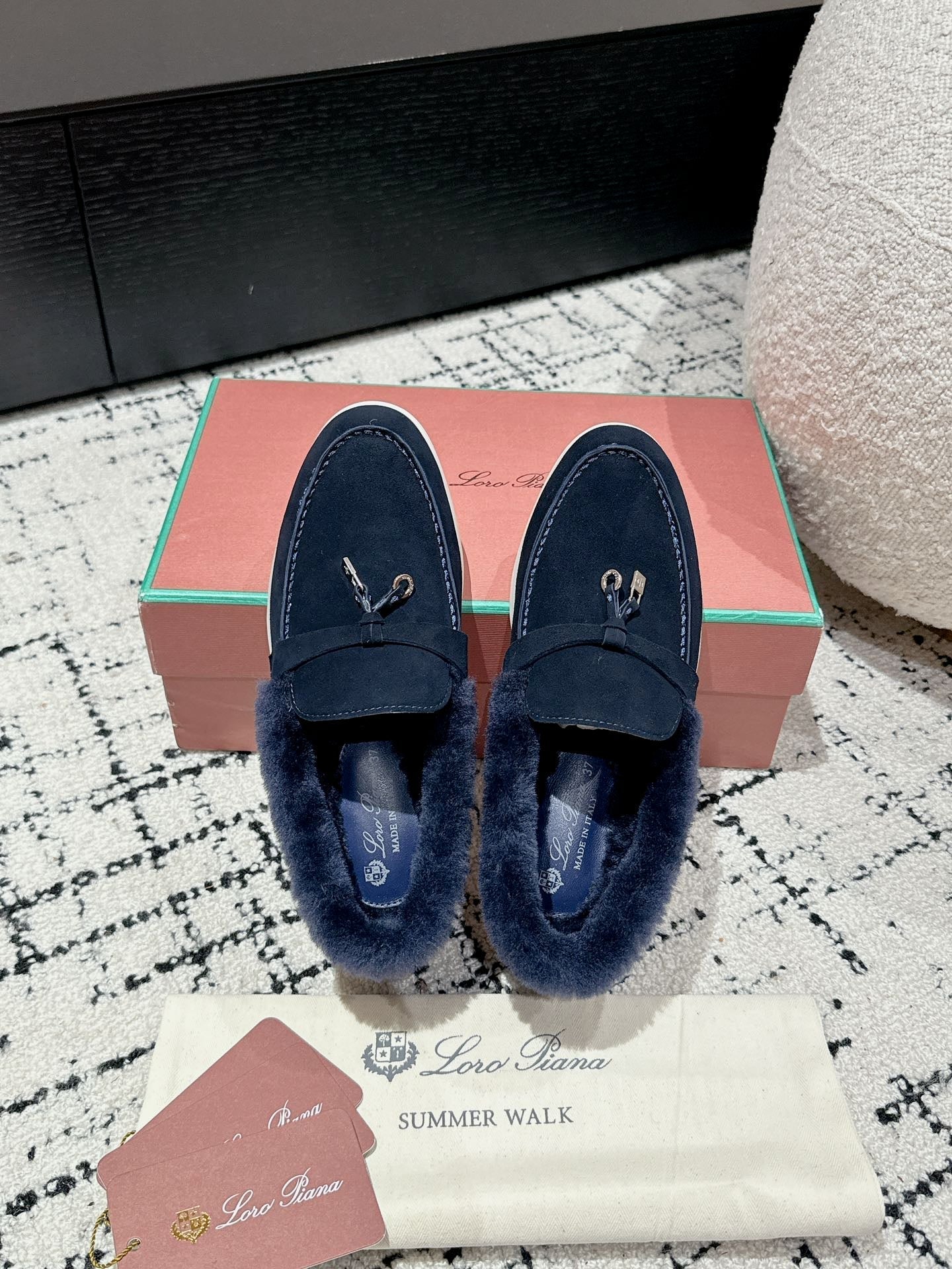 LP Summer Charms Walk Loafers In Deep Blue Suede With Rabbit Fur Lining 985643