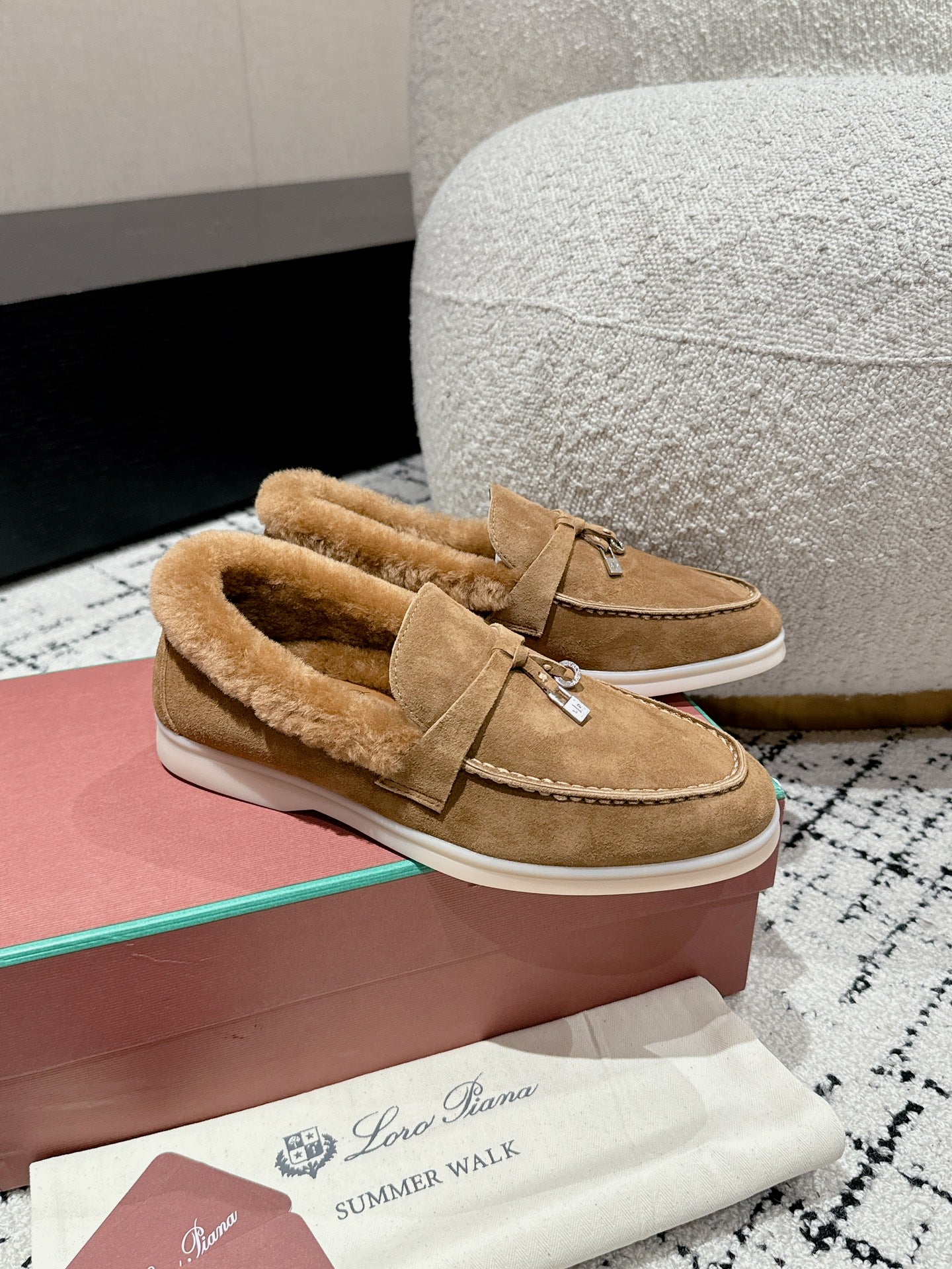 LP Summer Charms Walk Loafers In Brown Peanut Suede With Rabbit Fur Lining 985645