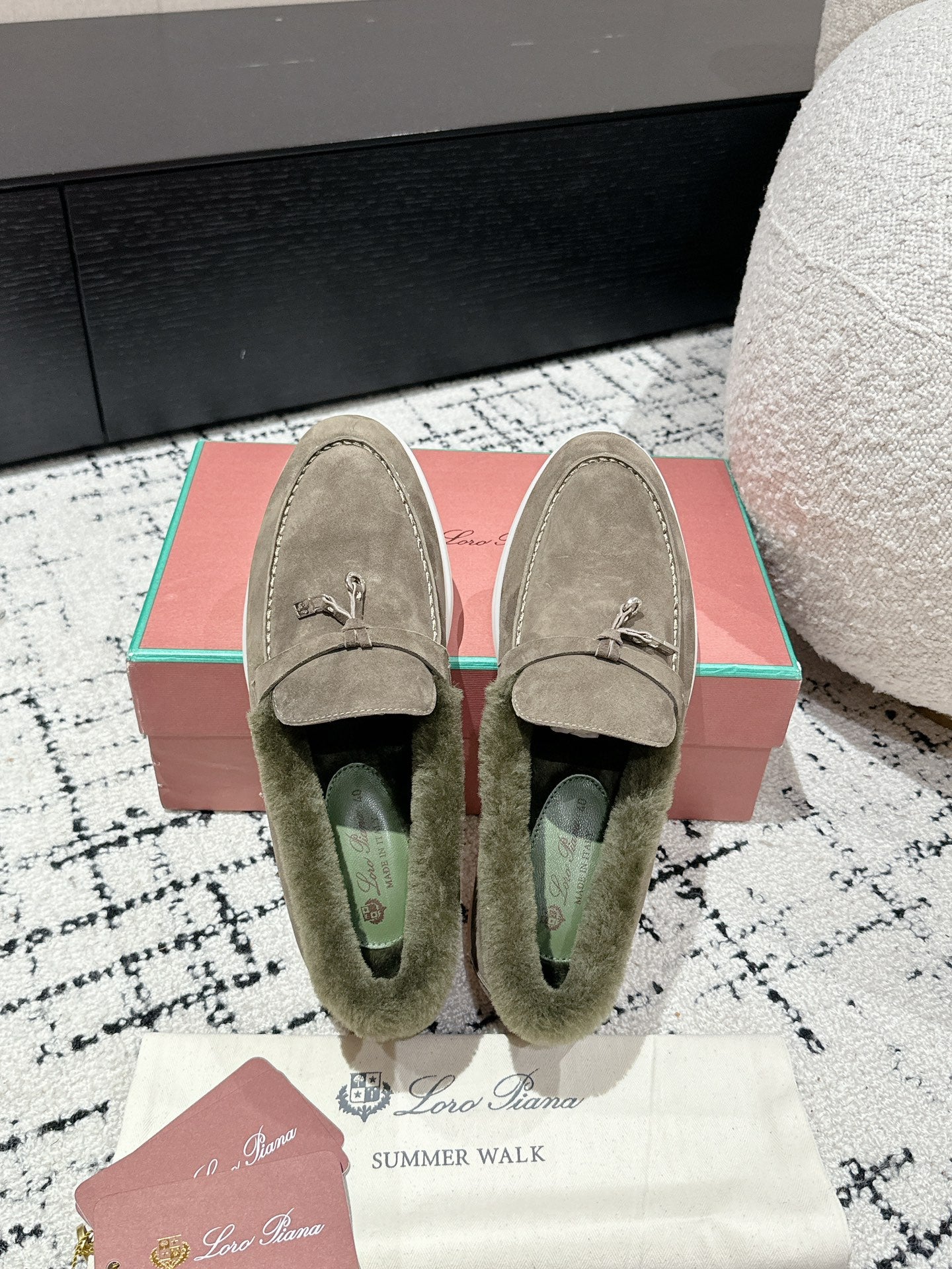 LP Summer Charms Walk Loafers In Light Brown Grey Mix Green Khaki Suede With Rabbit Fur Lining 985646