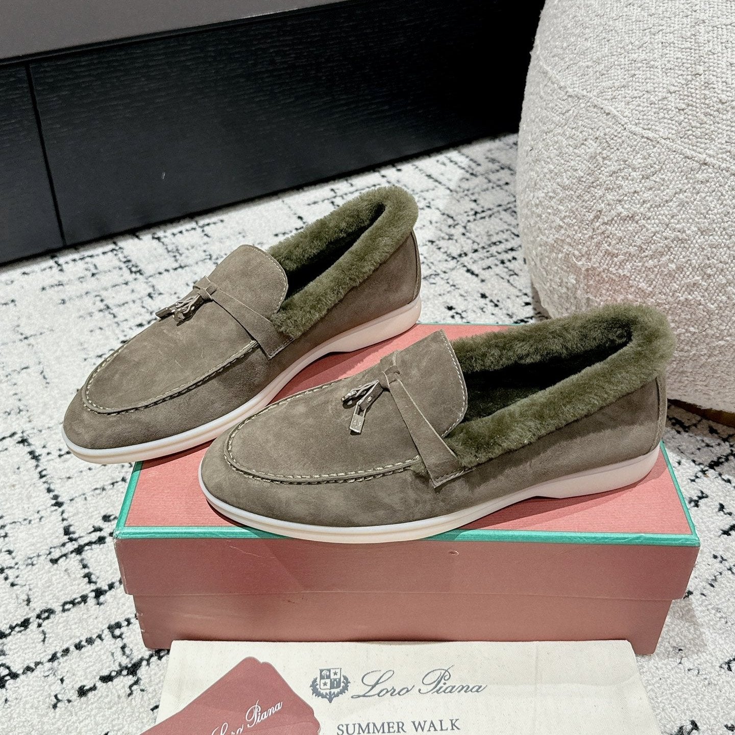 LP Summer Charms Walk Loafers In Light Brown Grey Mix Green Khaki Suede With Rabbit Fur Lining 985646