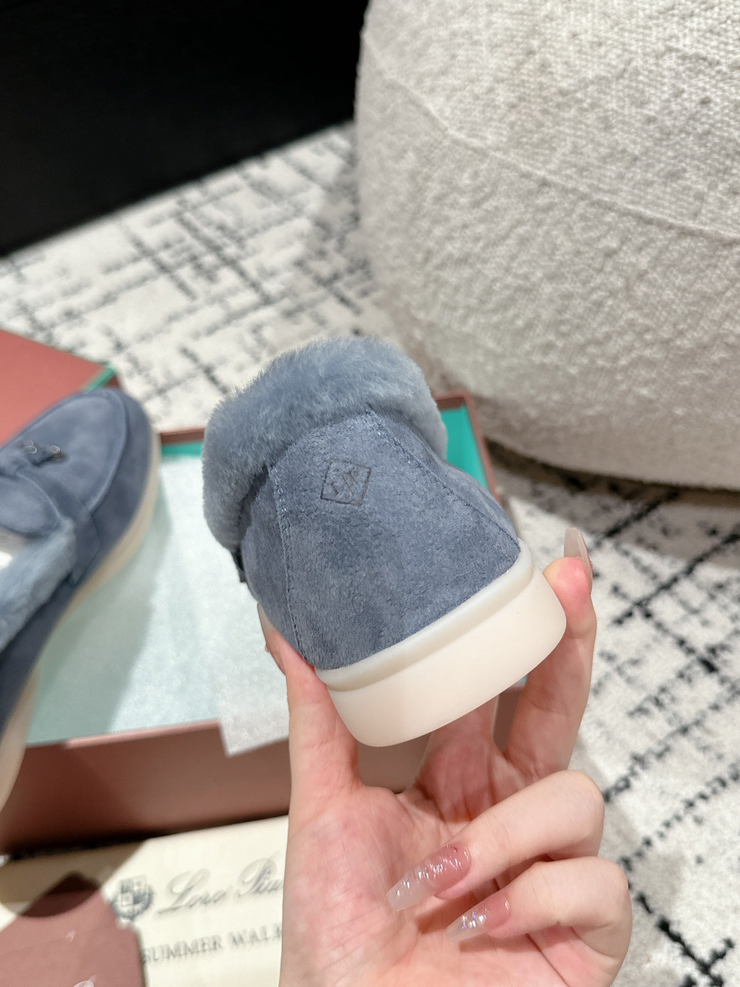 LP Summer Charms Walk Loafers In Light Aegean Suede With Rabbit Fur Lining 985647