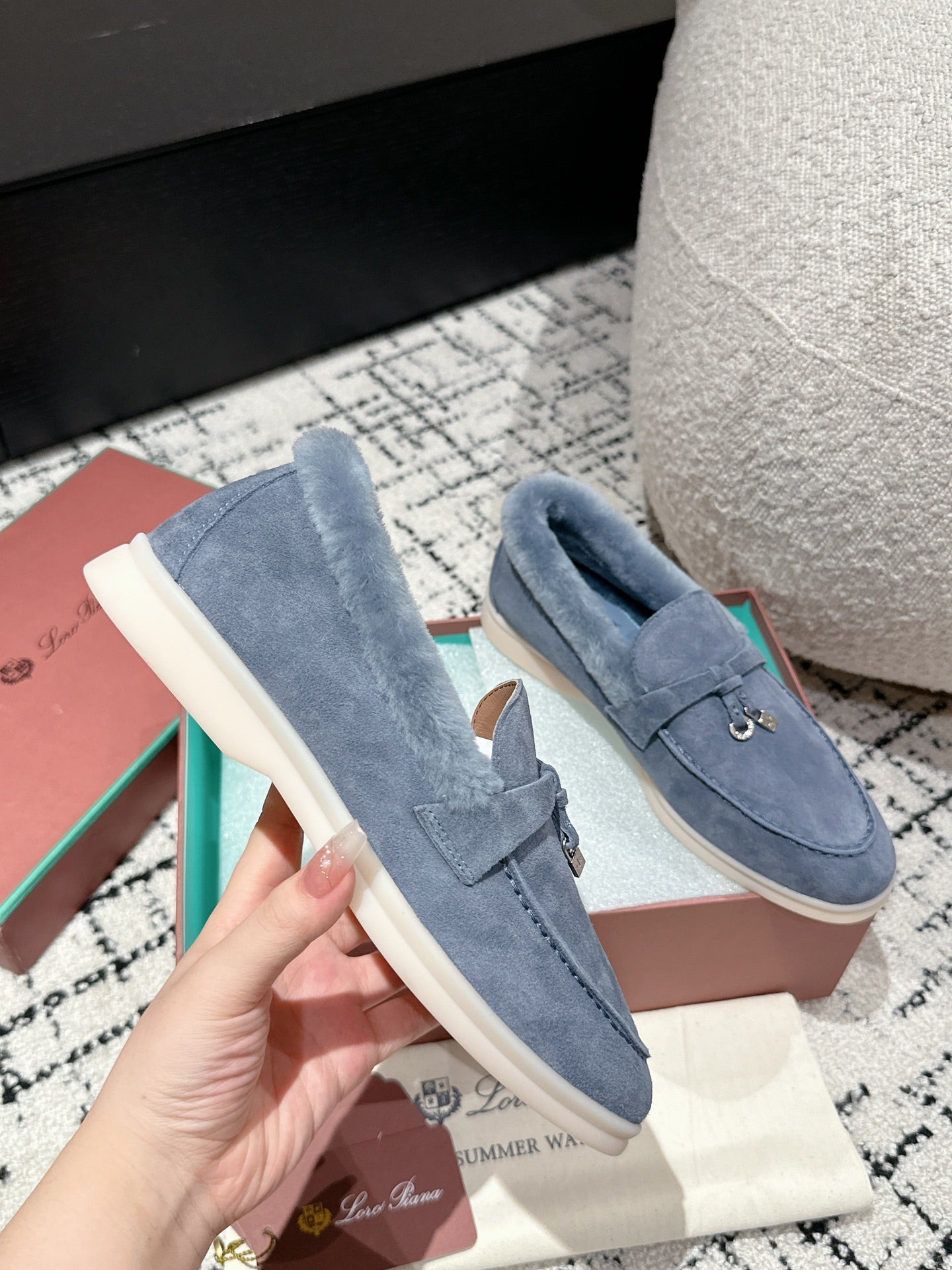 LP Summer Charms Walk Loafers In Light Aegean Suede With Rabbit Fur Lining 985647