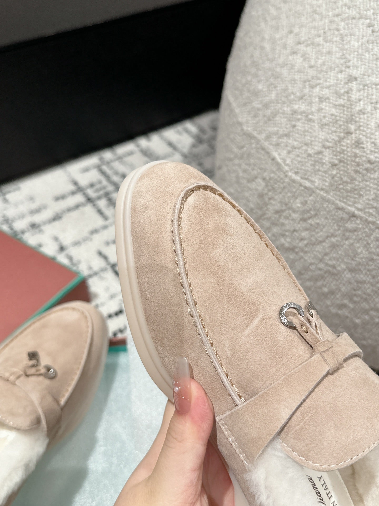 LP Summer Charms Walk Loafers In Almond Beige Mix White Suede With Rabbit Fur Lining 985648