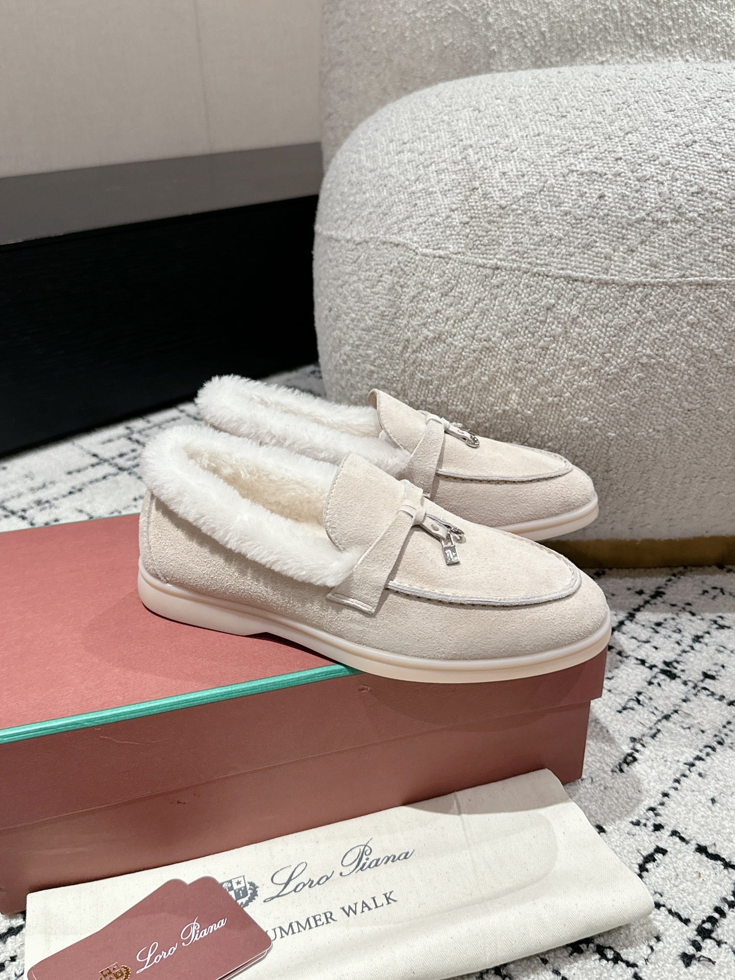 LP Summer Charms Walk Loafers In White Suede With Rabbit Fur Lining 985649