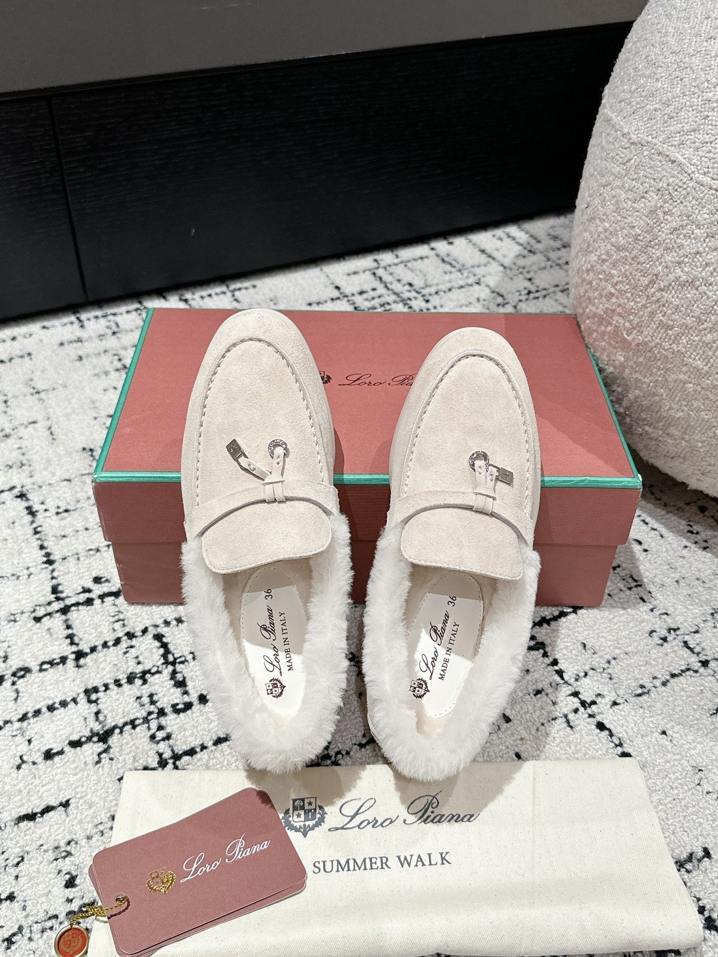 LP Summer Charms Walk Loafers In White Suede With Rabbit Fur Lining 985649