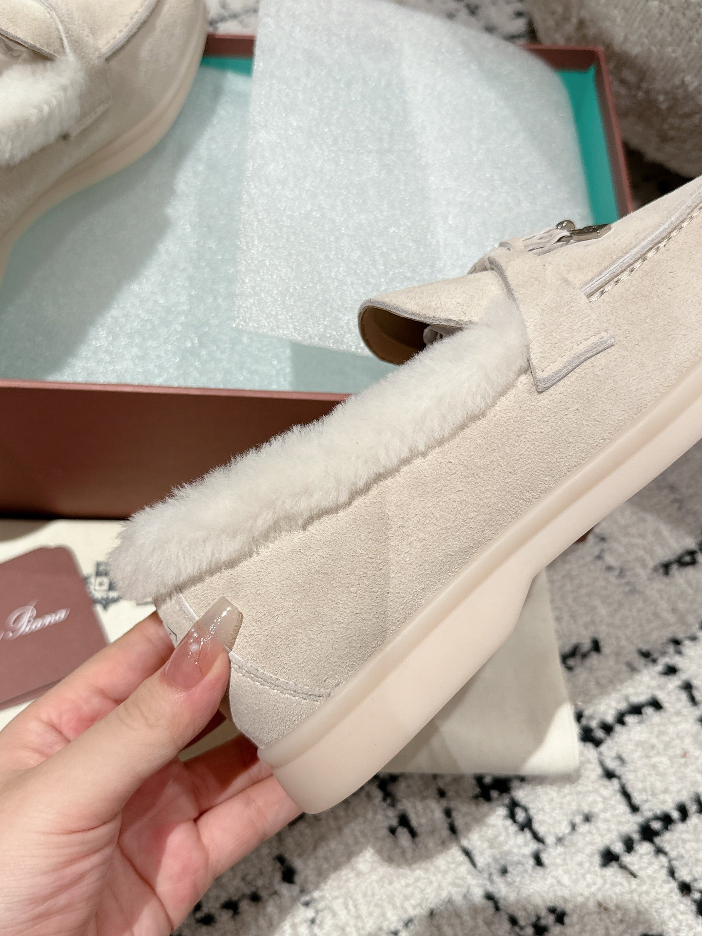 LP Summer Charms Walk Loafers In White Suede With Rabbit Fur Lining 985649