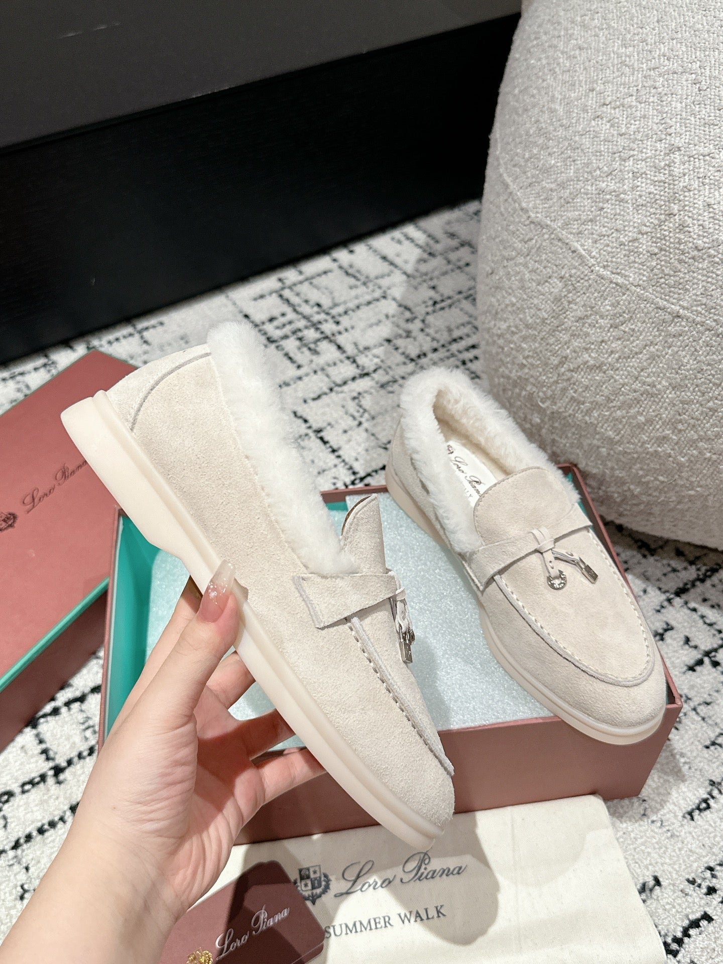 LP Summer Charms Walk Loafers In White Suede With Rabbit Fur Lining 985649