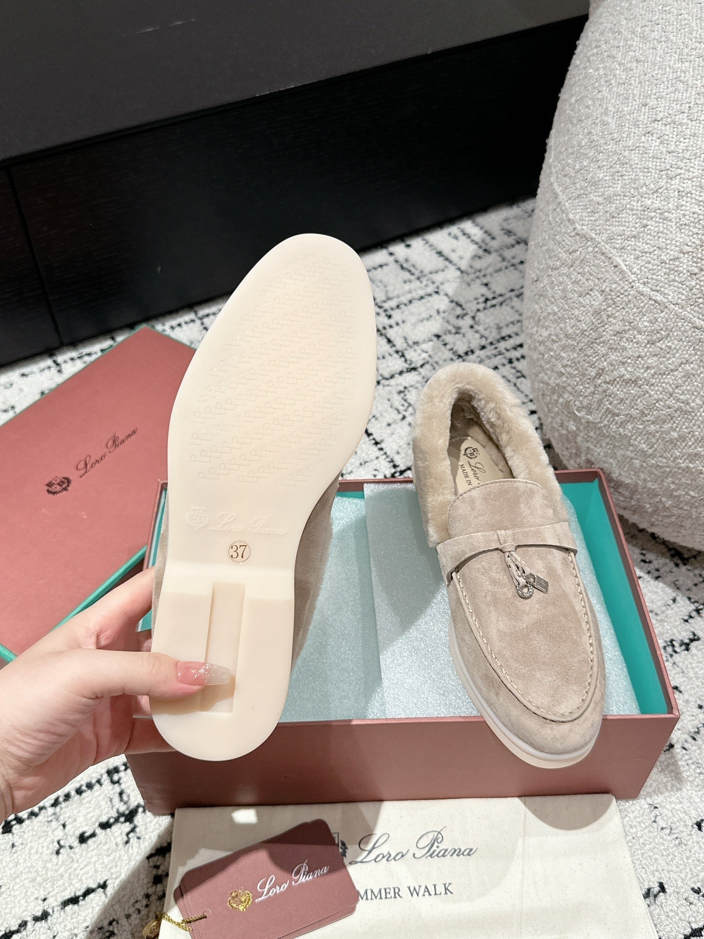 LP Summer Charms Walk Loafers In Light Brown Beige Suede With Rabbit Fur Lining  985651