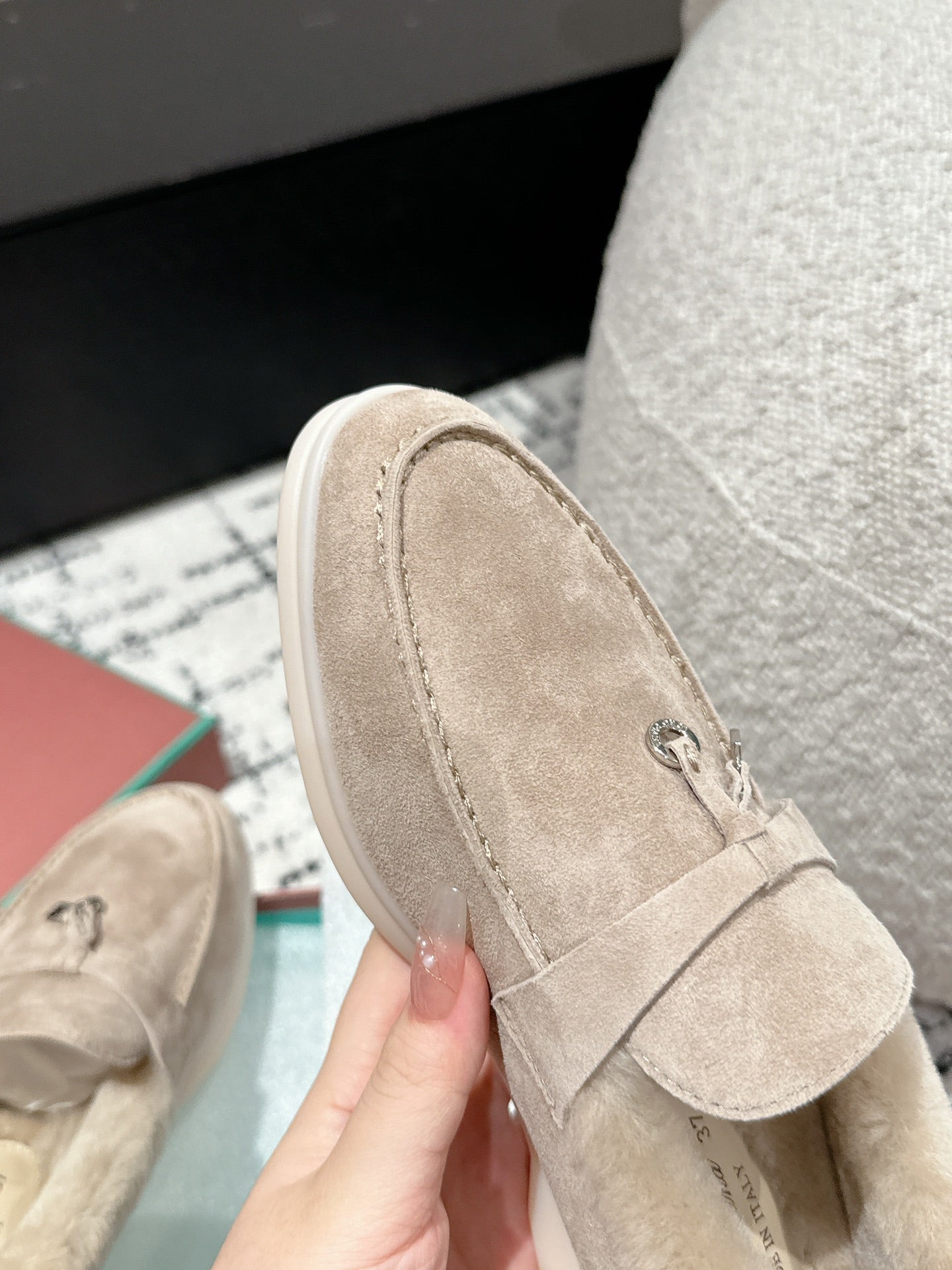 LP Summer Charms Walk Loafers In Light Brown Beige Suede With Rabbit Fur Lining  985651