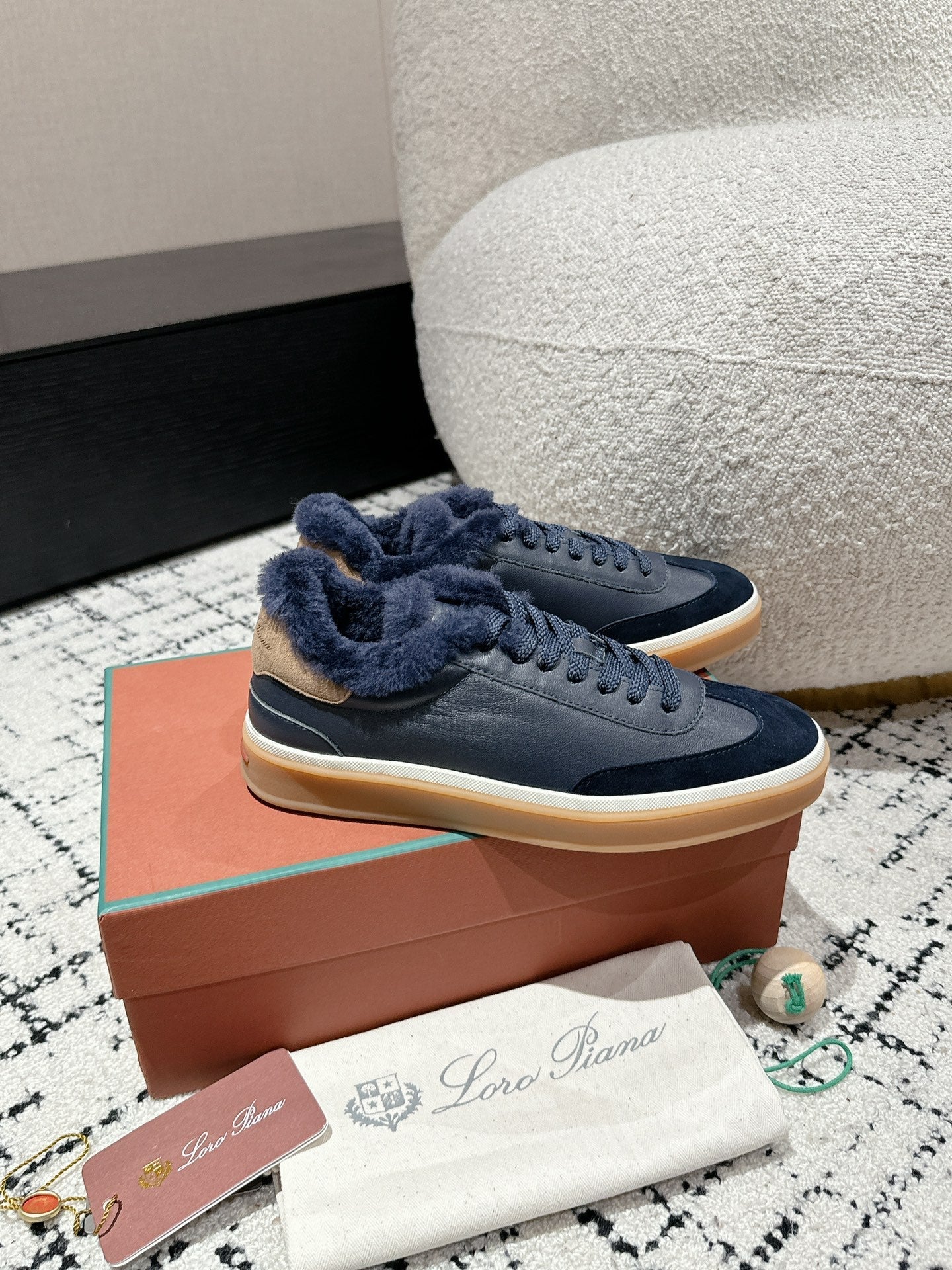 LP Tennis Walk Sneaker In Charcoal Blue Lambskin Lined With Wool Fleece 985658