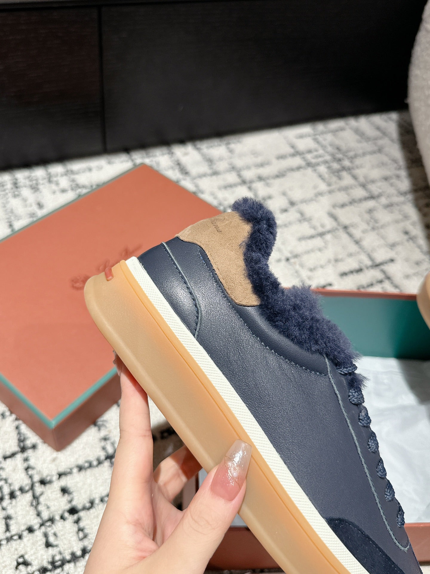 LP Tennis Walk Sneaker In Charcoal Blue Lambskin Lined With Wool Fleece 985658