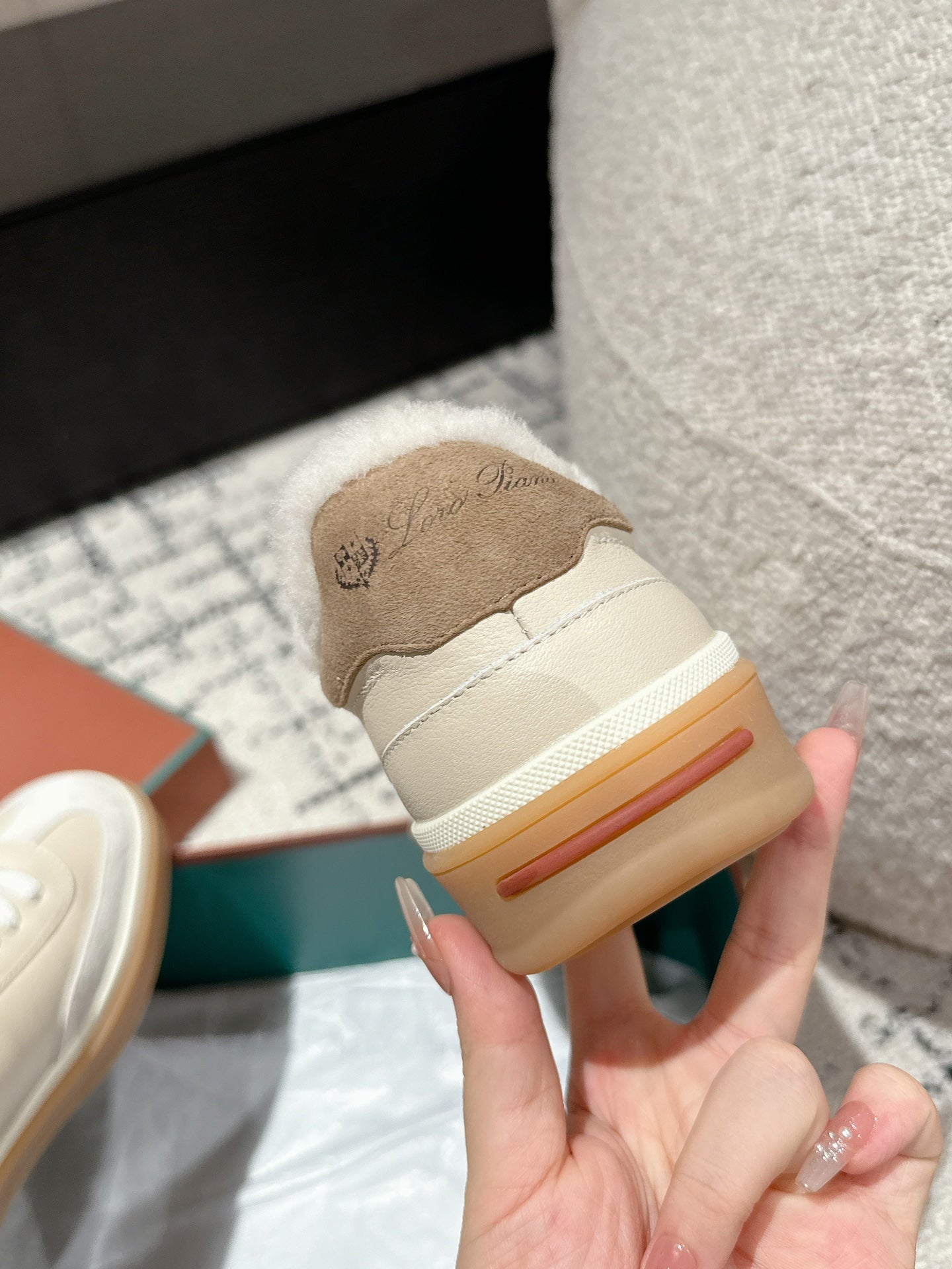 LP Tennis Walk Sneaker In Beige White Lambskin Lined With Wool Fleece 985660