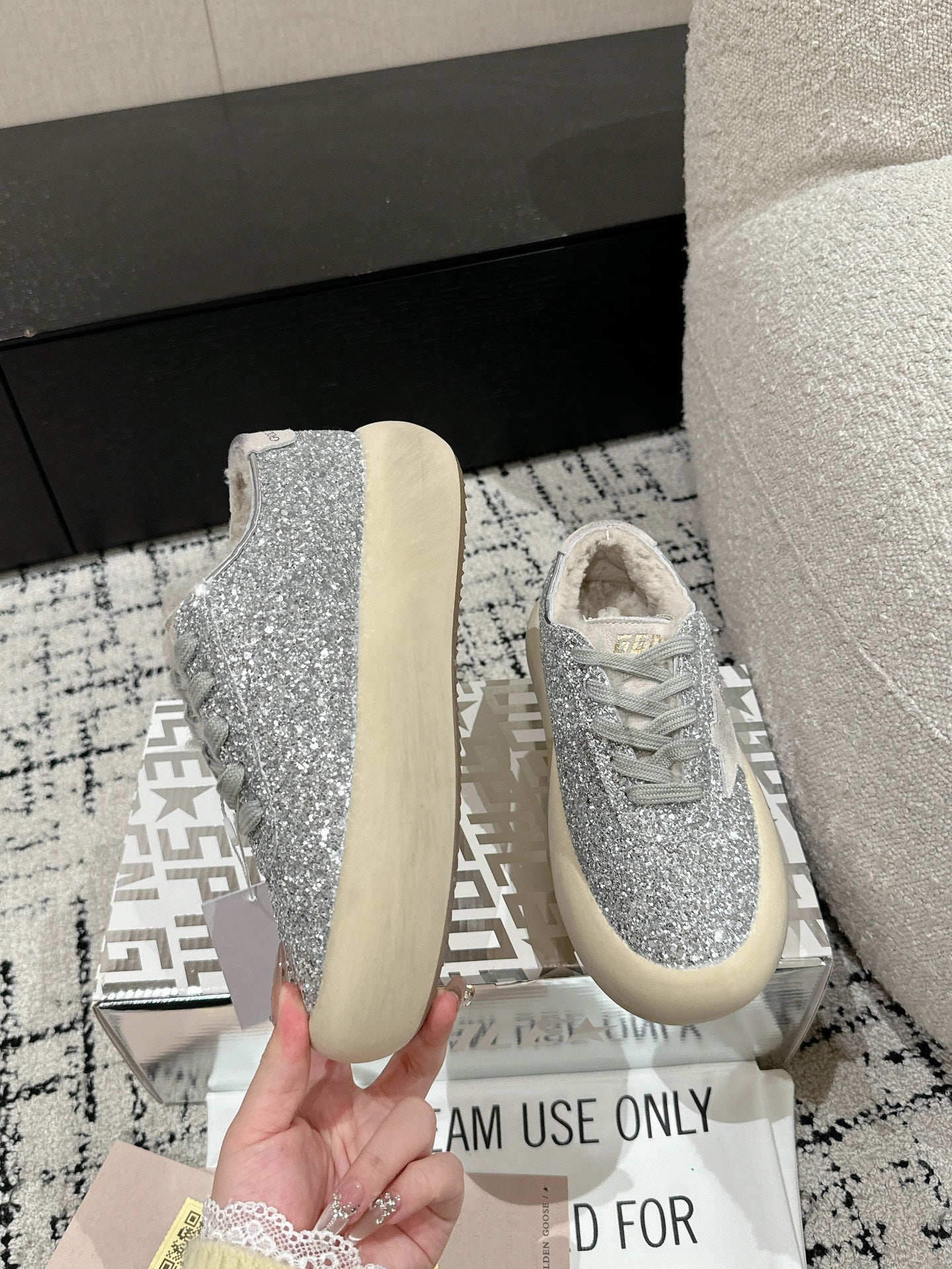 Golden Goose 2025 Space-Star Sabot Sneaker Silver Beige Glitter Wool 141174