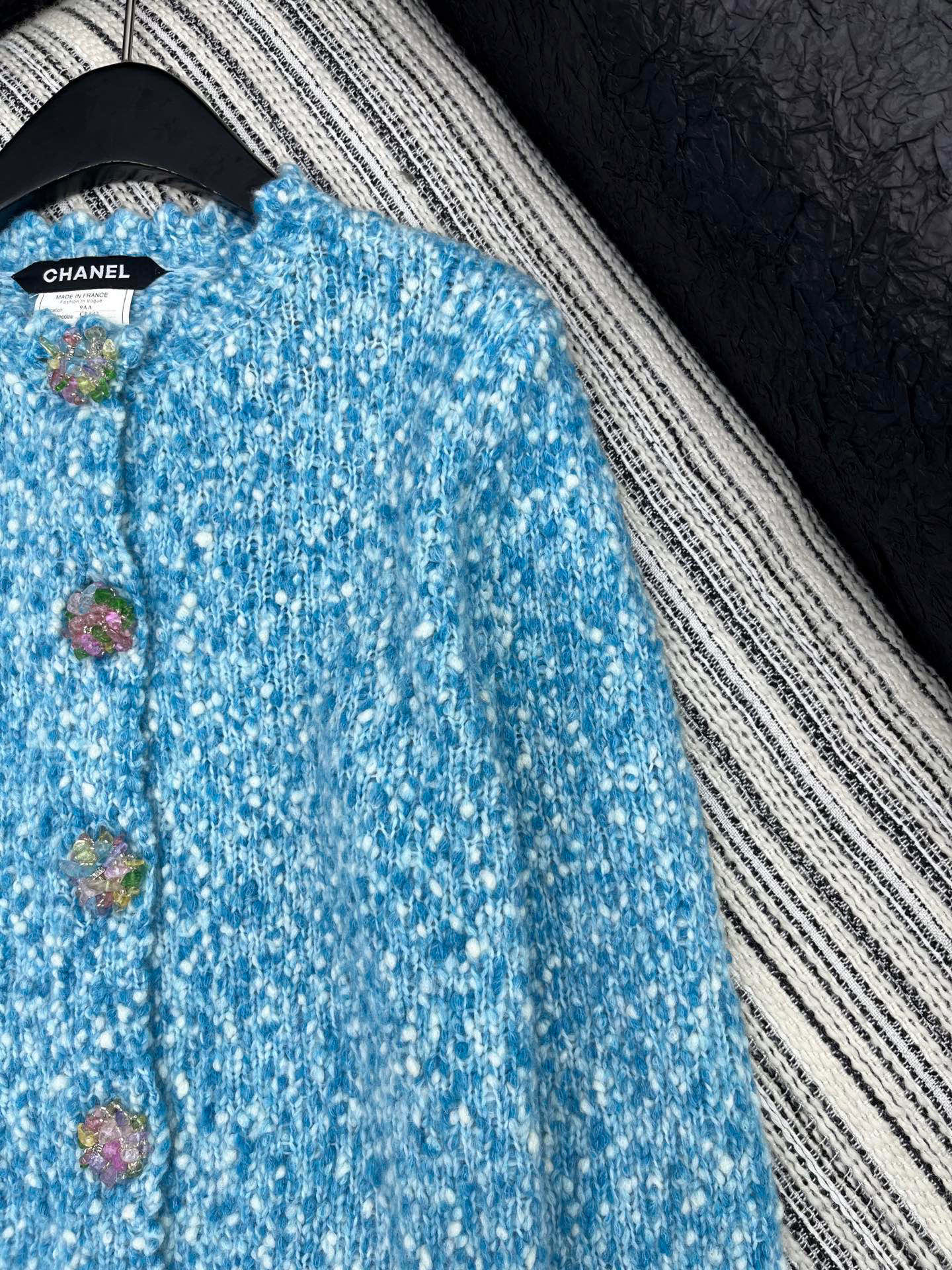 CC 2025  Jacket with Large Rhinestone Button Blue Wool 325884