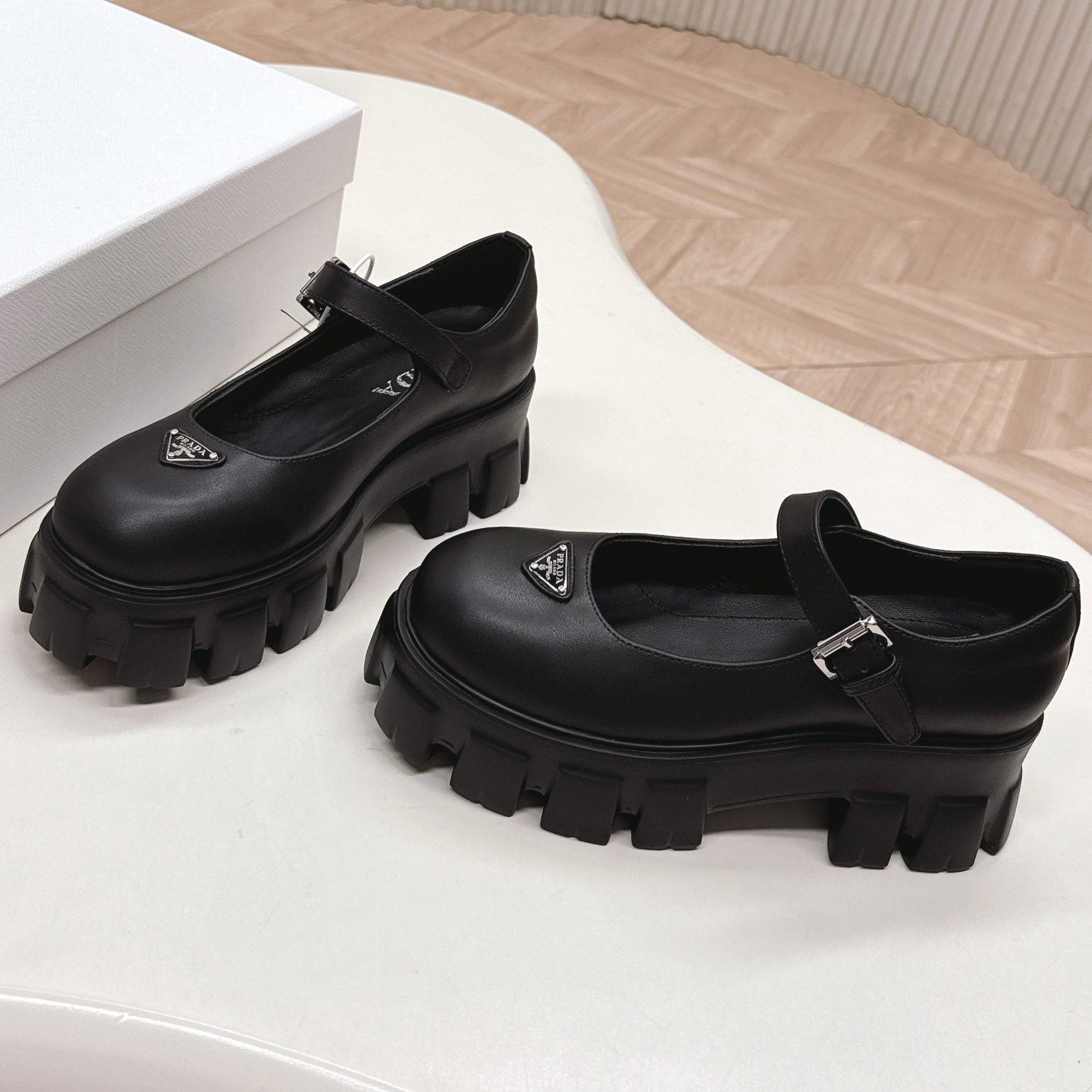 Prada Brushed Monolith Mary Janes Loafer Black Cowhide